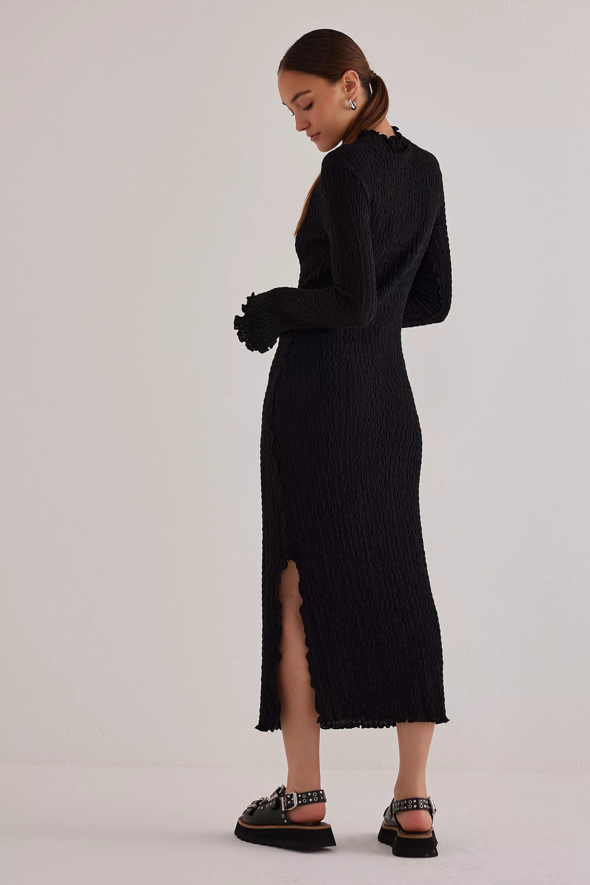 Mila Textured Mock-Neck Long-Sleeve Midi Dress, Black, , large image number 3
