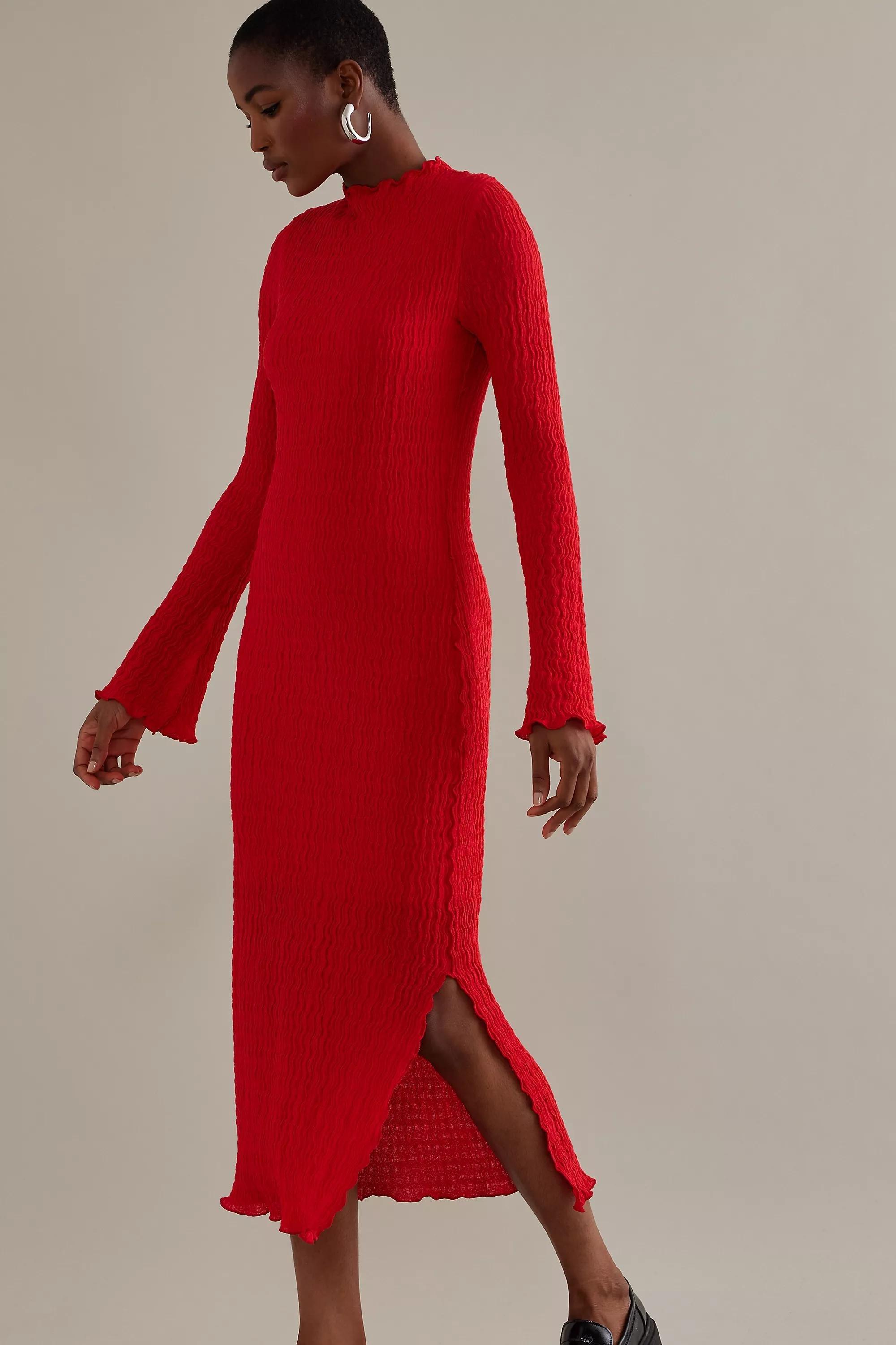 Anthropologie - Mila Textured Mock-Neck Long-Sleeve Midi Dress, Red