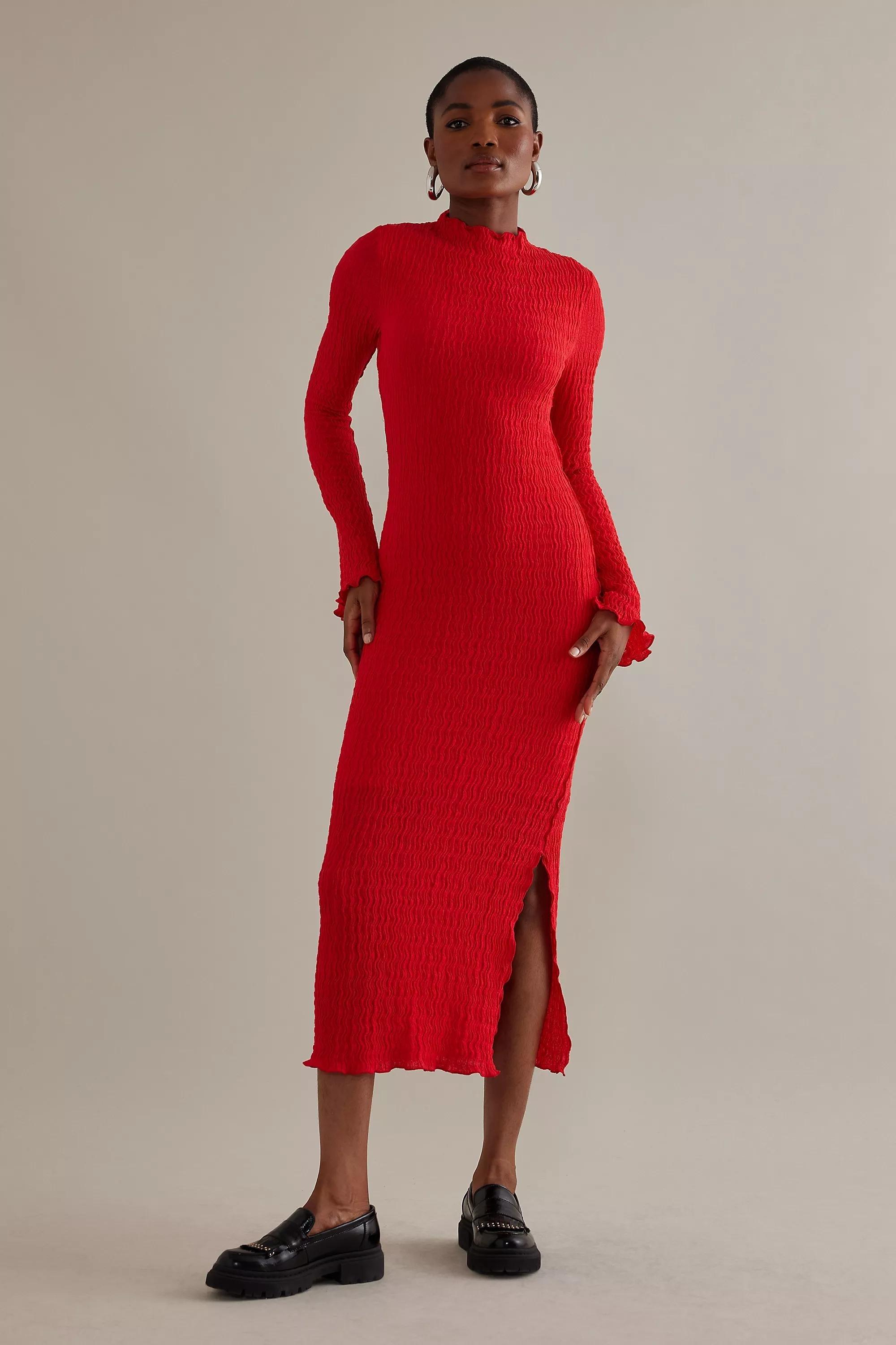 Mila Textured Mock-Neck Long-Sleeve Midi Dress, Red, , large image number 1