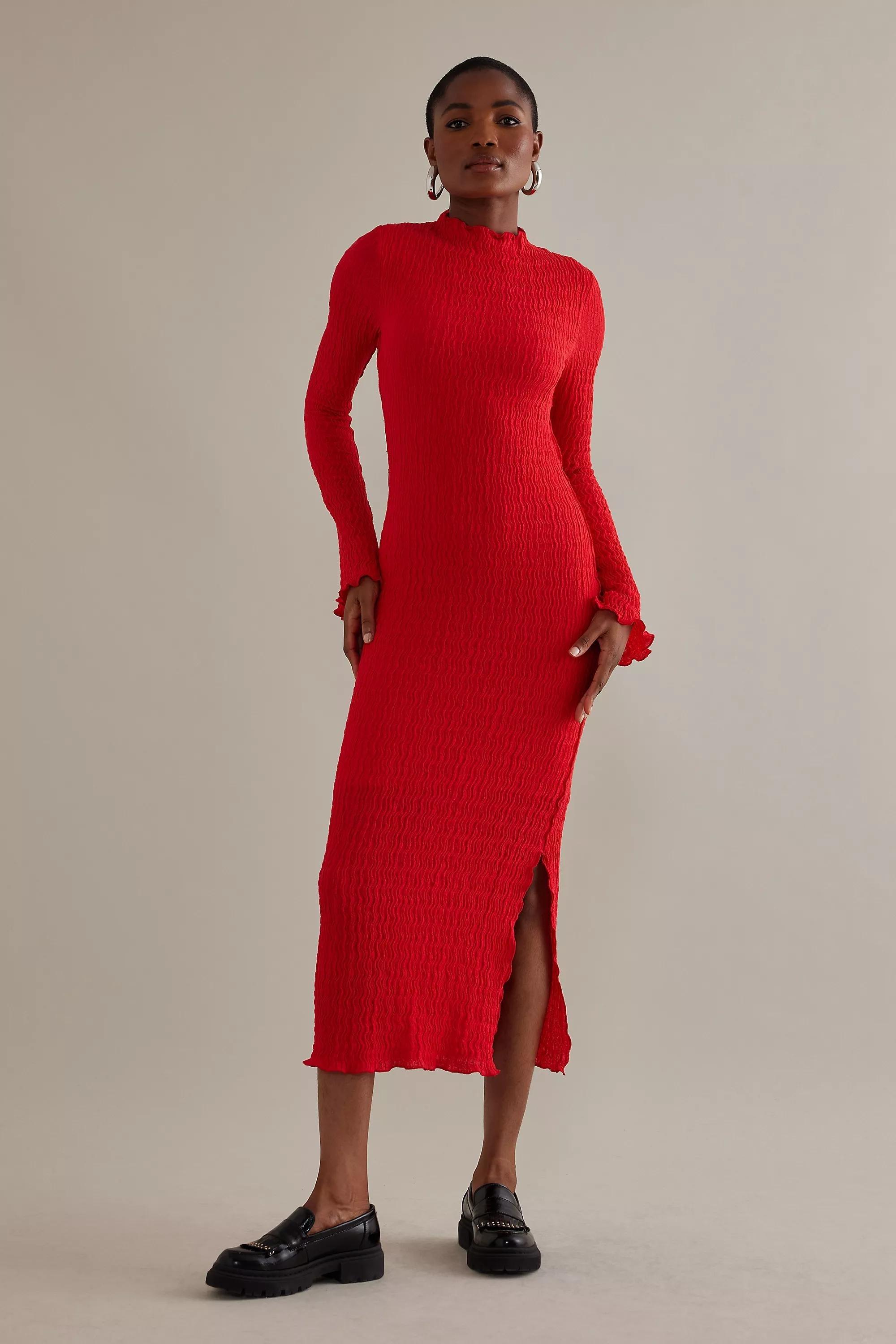 Anthropologie - Mila Textured Mock-Neck Long-Sleeve Midi Dress, Red