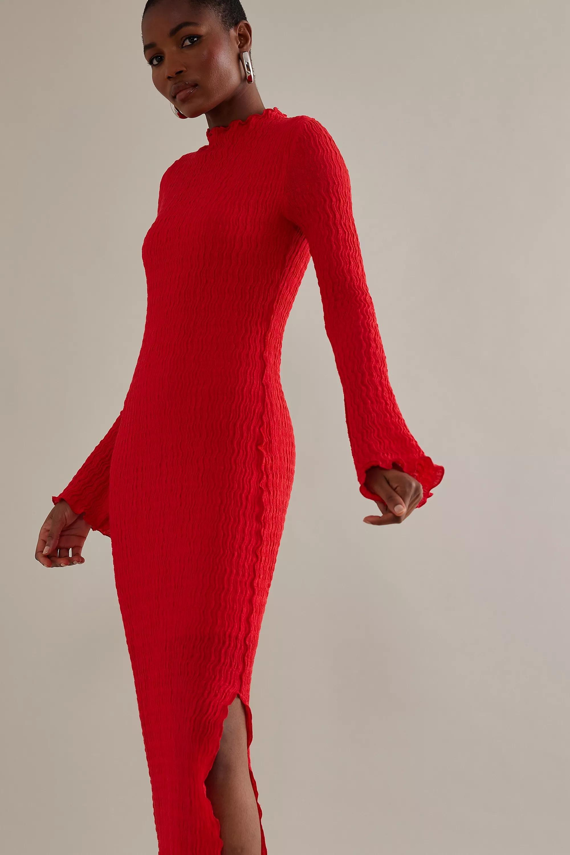 Anthropologie - Mila Textured Mock-Neck Long-Sleeve Midi Dress, Red