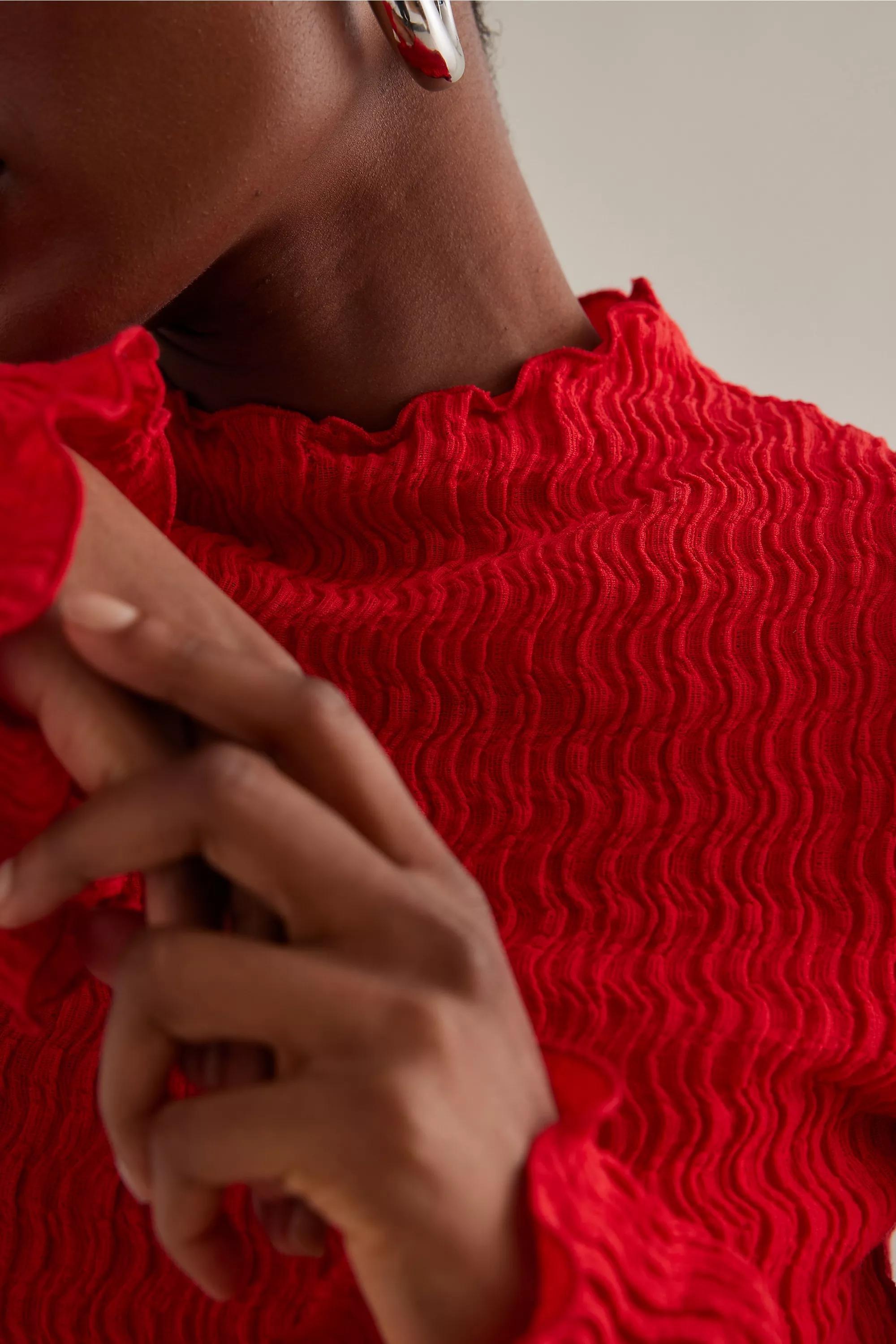 Mila Textured Mock-Neck Long-Sleeve Midi Dress, Red, A501_0060, large image number 3