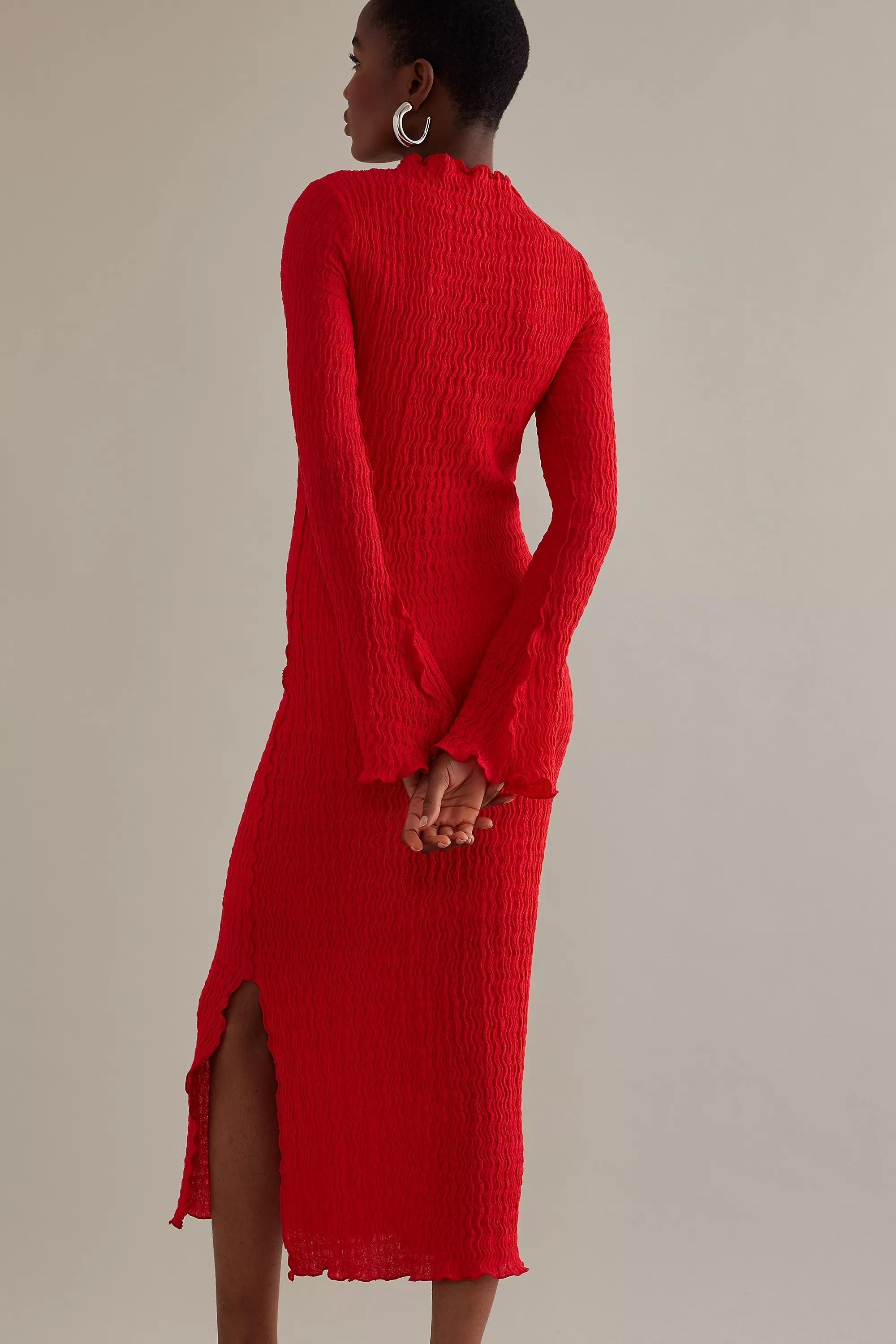 Mila Textured Mock-Neck Long-Sleeve Midi Dress, Red, , large image number 4