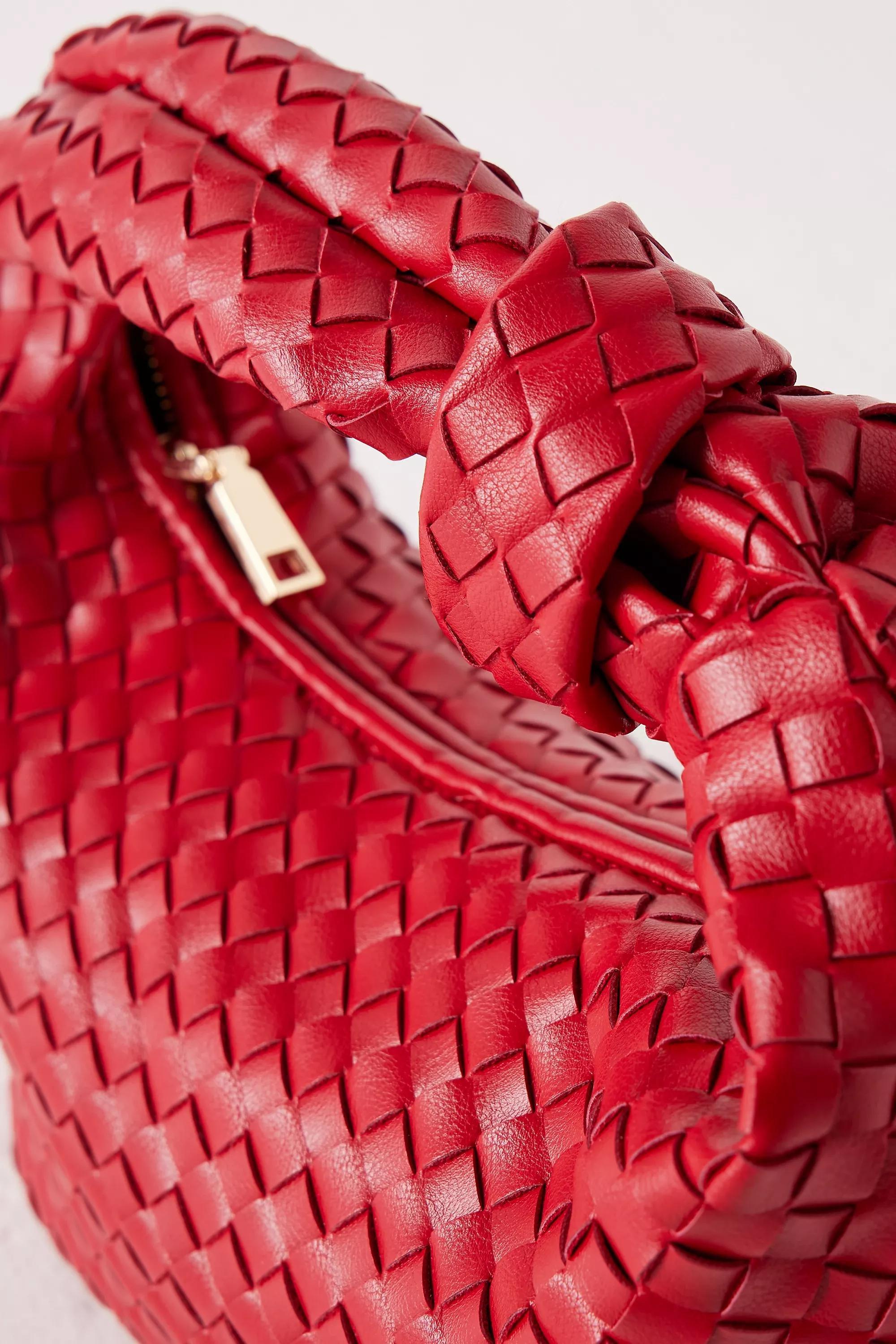 Woven Faux-Leather Satchel Bag, Red, A501_0060, large image number 4