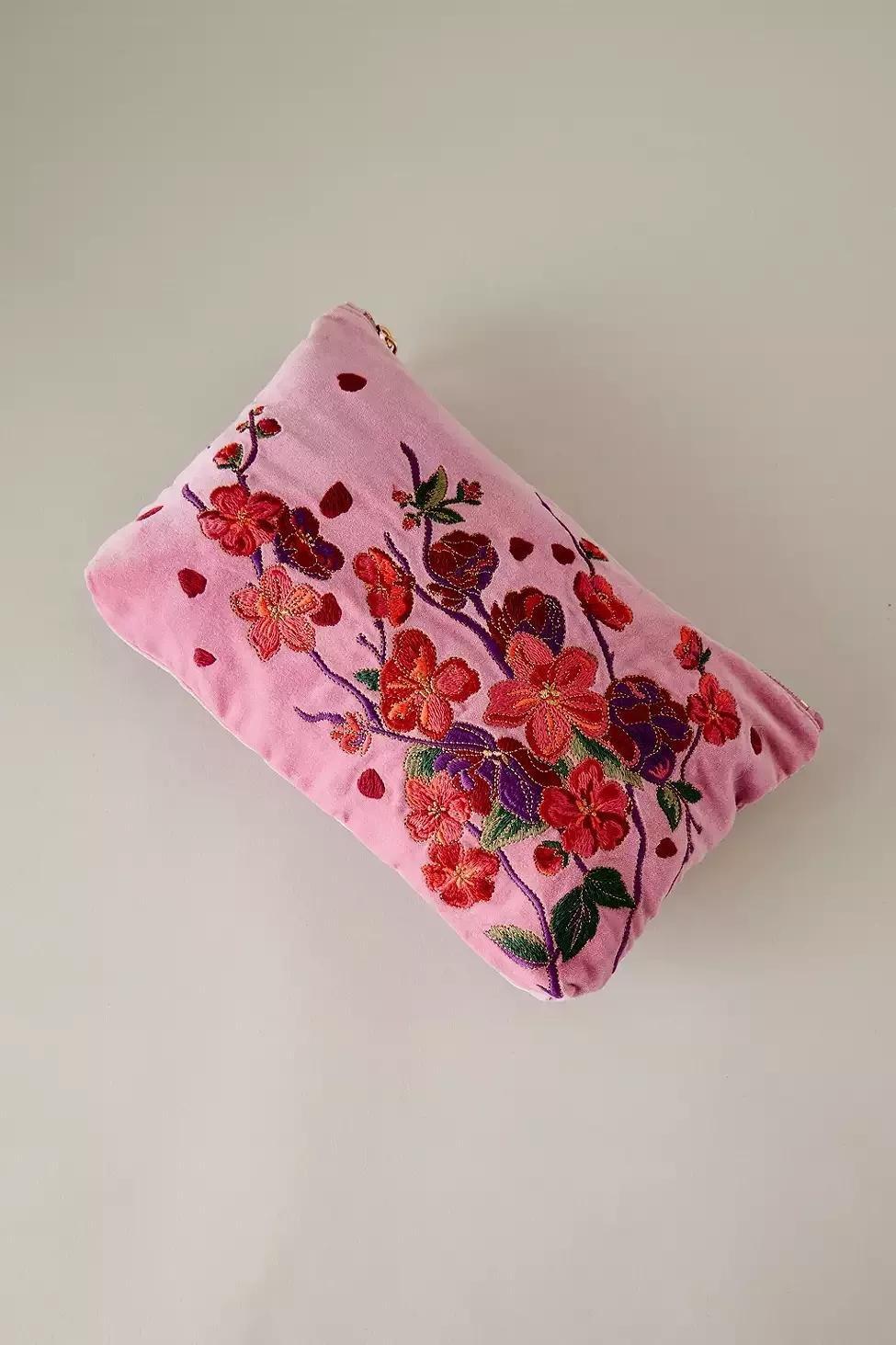 Elizabeth Scarlett Floral Embroidered Velvet Makeup Bag, Pink, , large image number 0