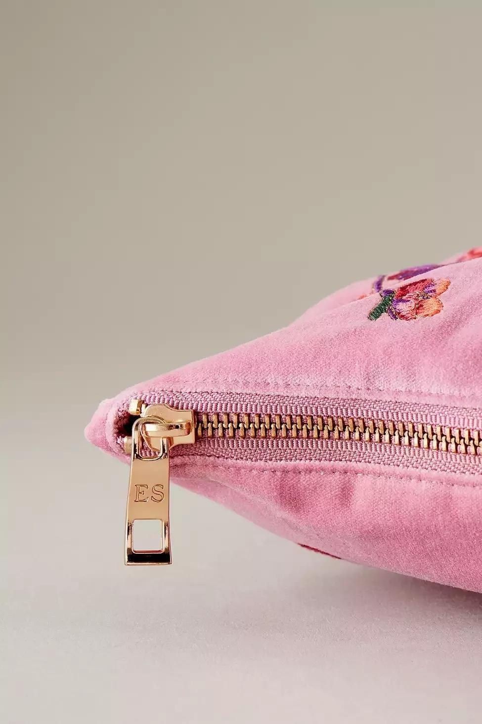 Elizabeth Scarlett Floral Embroidered Velvet Makeup Bag, Pink, , large image number 1