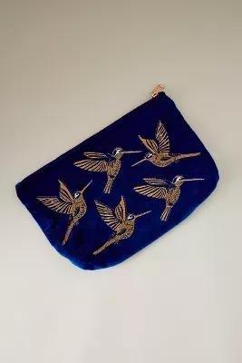 Elizabeth Scarlett Hummingbird Embroidered Velvet Makeup Bag, Blue, , large image number 0