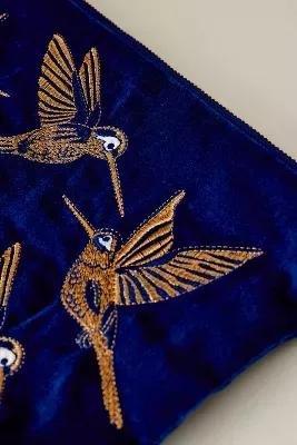 Elizabeth Scarlett Hummingbird Embroidered Velvet Makeup Bag, Blue, , large image number 2