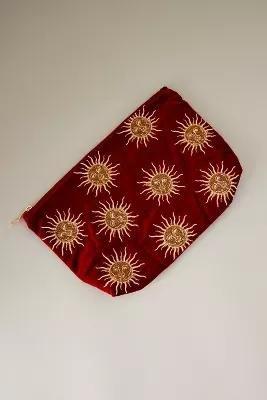 Elizabeth Scarlett Sun Embroidered Velvet Makeup Bag, Red, , large image number 0