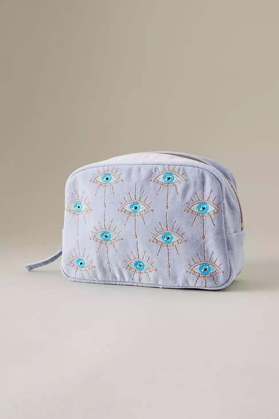 Anthropologie - Elizabeth Scarlett Evil Eye Embroidered Velvet Cosmetics Bag, Blue