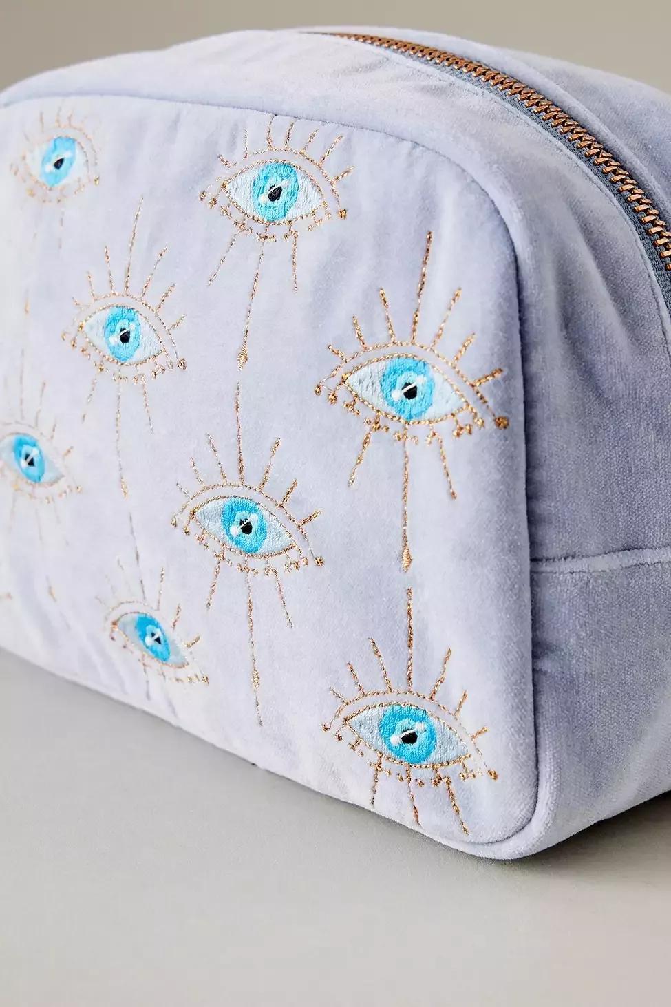 Elizabeth Scarlett Evil Eye Embroidered Velvet Cosmetics Bag, Blue, A501_0045, large image number 1