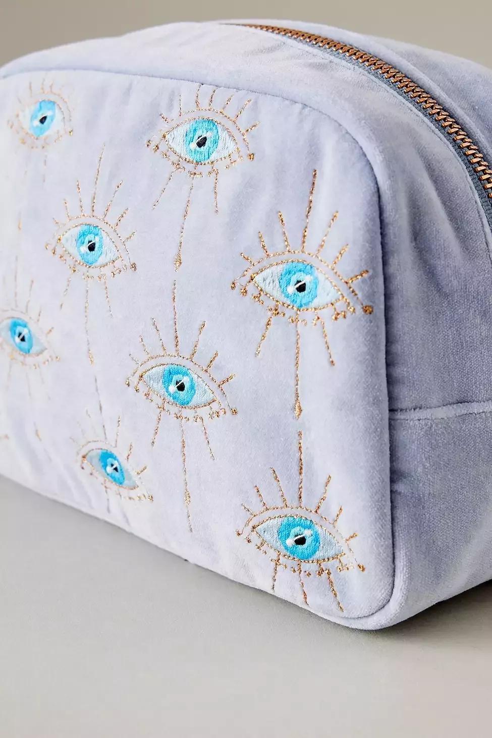 Anthropologie - Elizabeth Scarlett Evil Eye Embroidered Velvet Cosmetics Bag, Blue