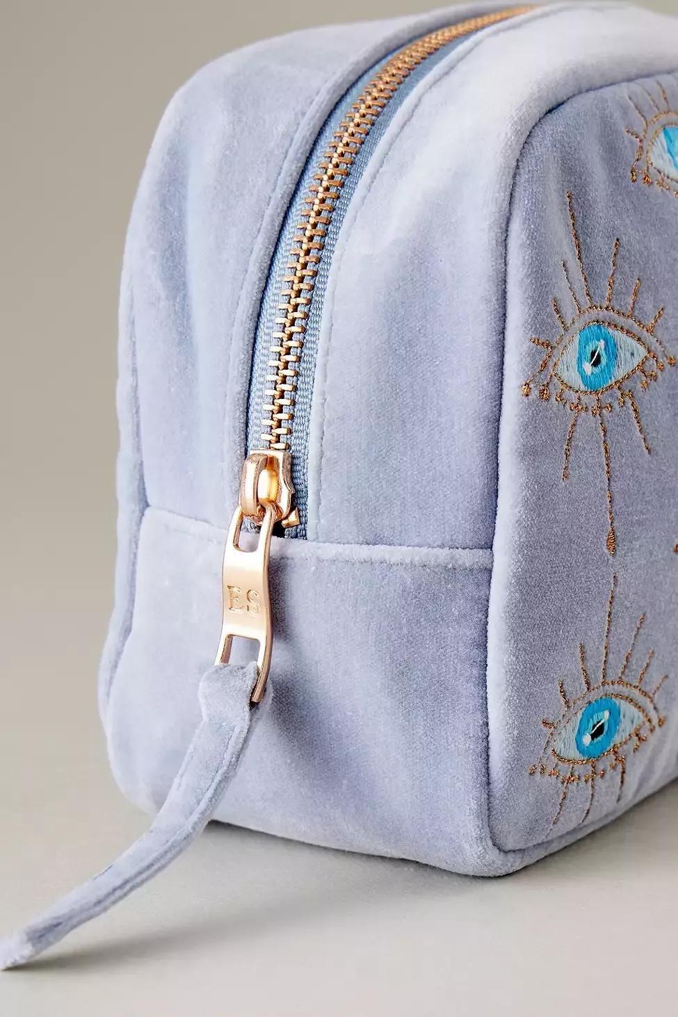 Anthropologie - Elizabeth Scarlett Evil Eye Embroidered Velvet Cosmetics Bag, Blue