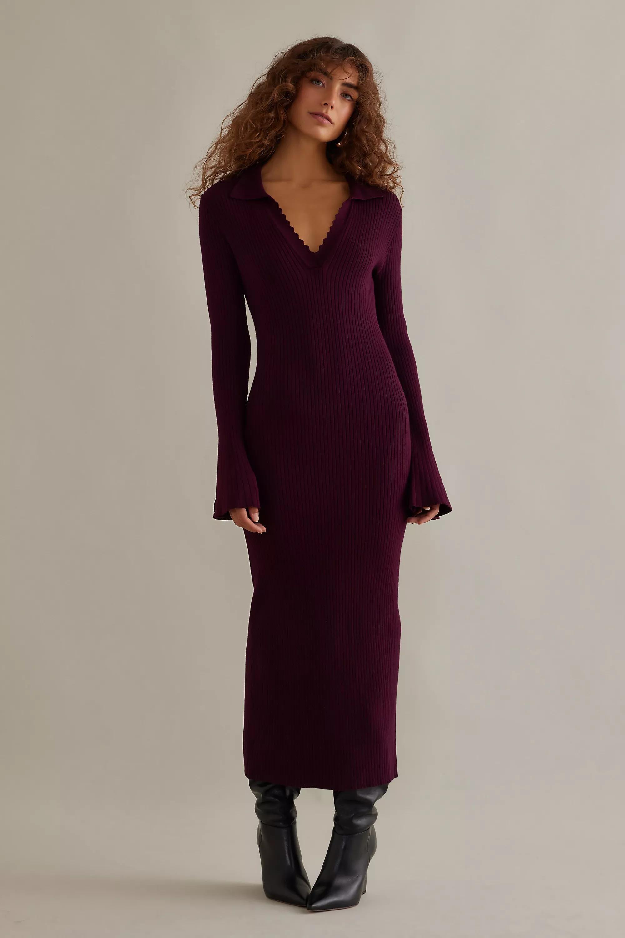 Penelope V-Neck Polo Rib Knit Midi Dress, Purple, A501_0052, large image number 0