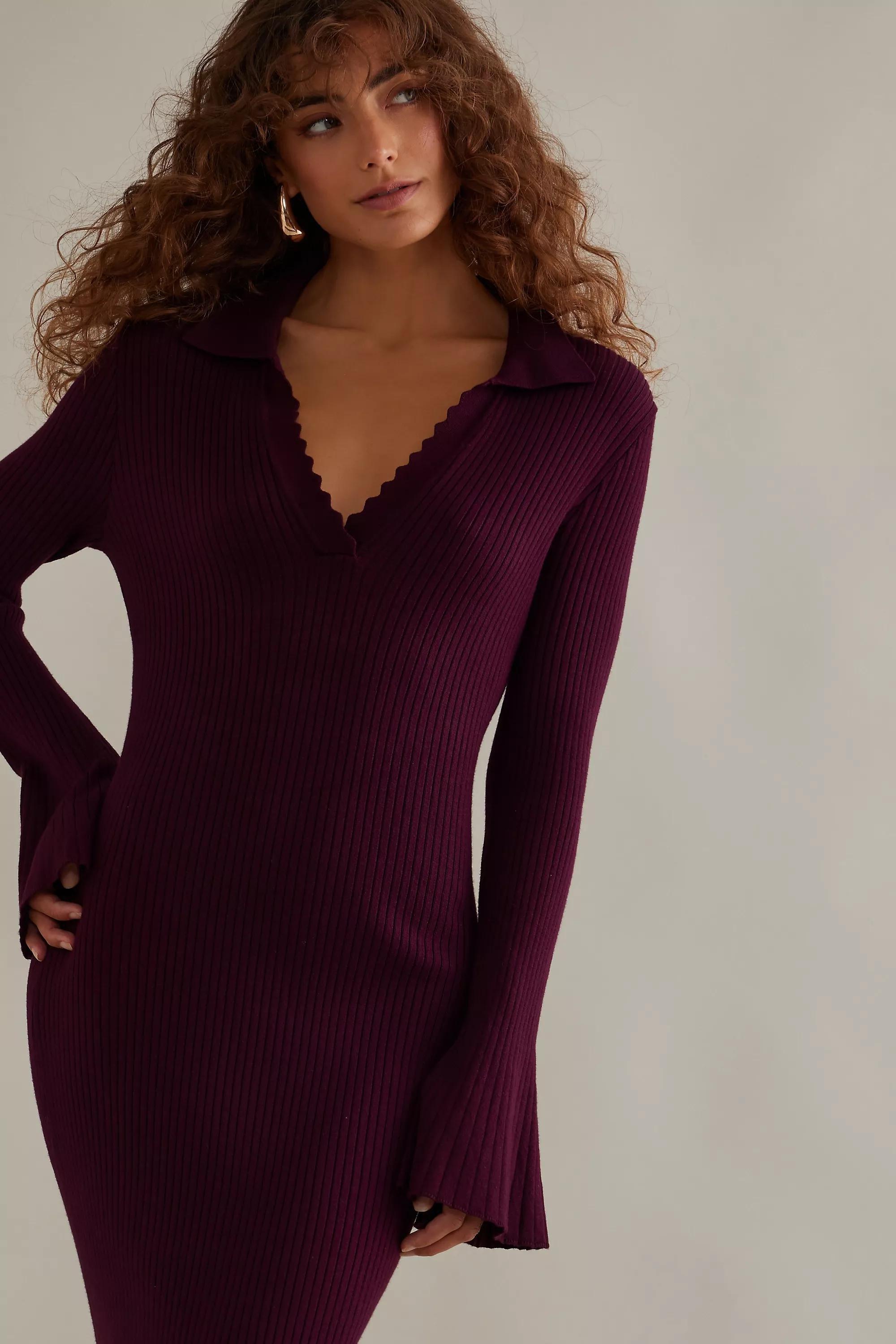 Penelope V-Neck Polo Rib Knit Midi Dress, Purple, A501_0052, large image number 2