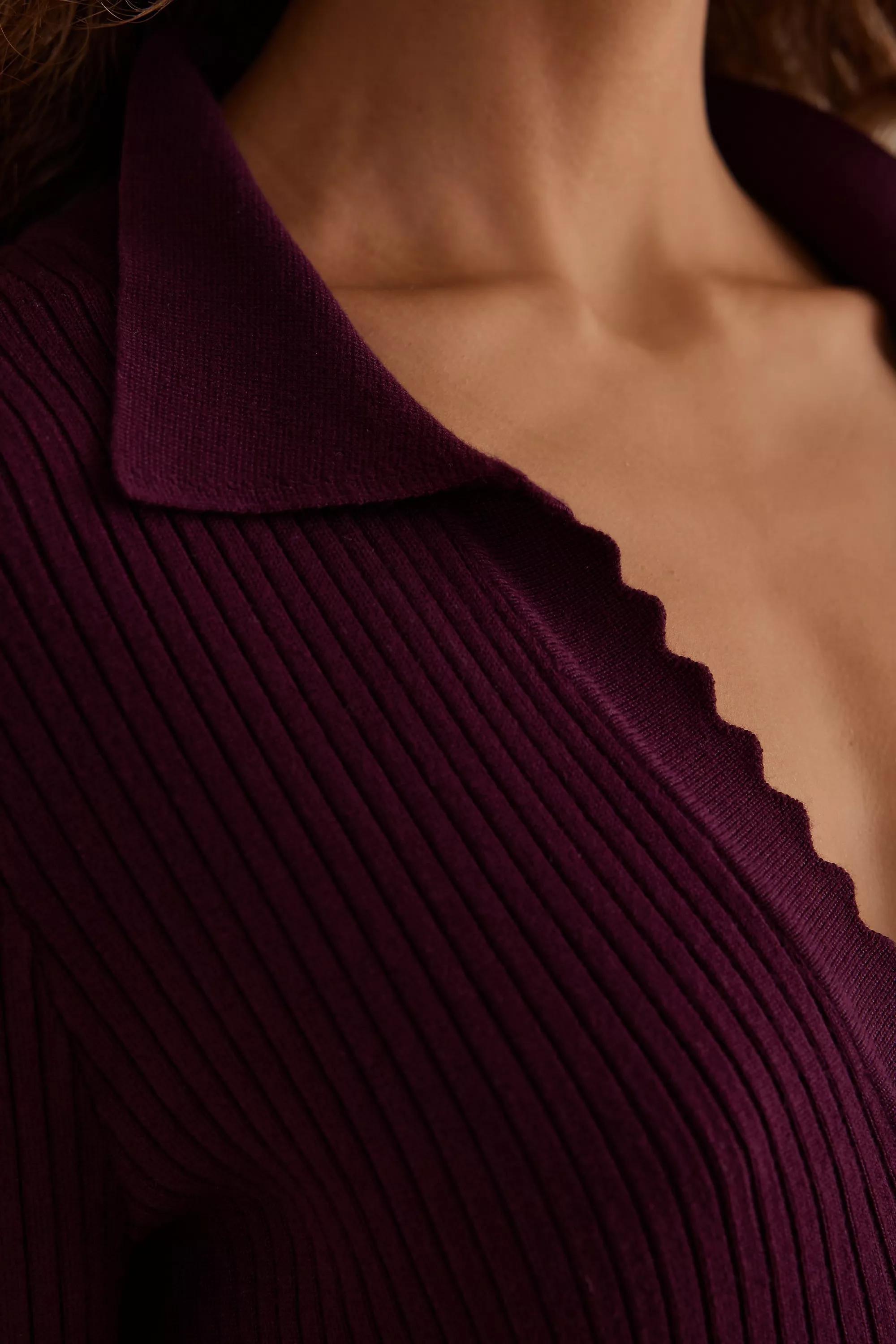 Penelope V-Neck Polo Rib Knit Midi Dress, Purple, A501_0052, large image number 4