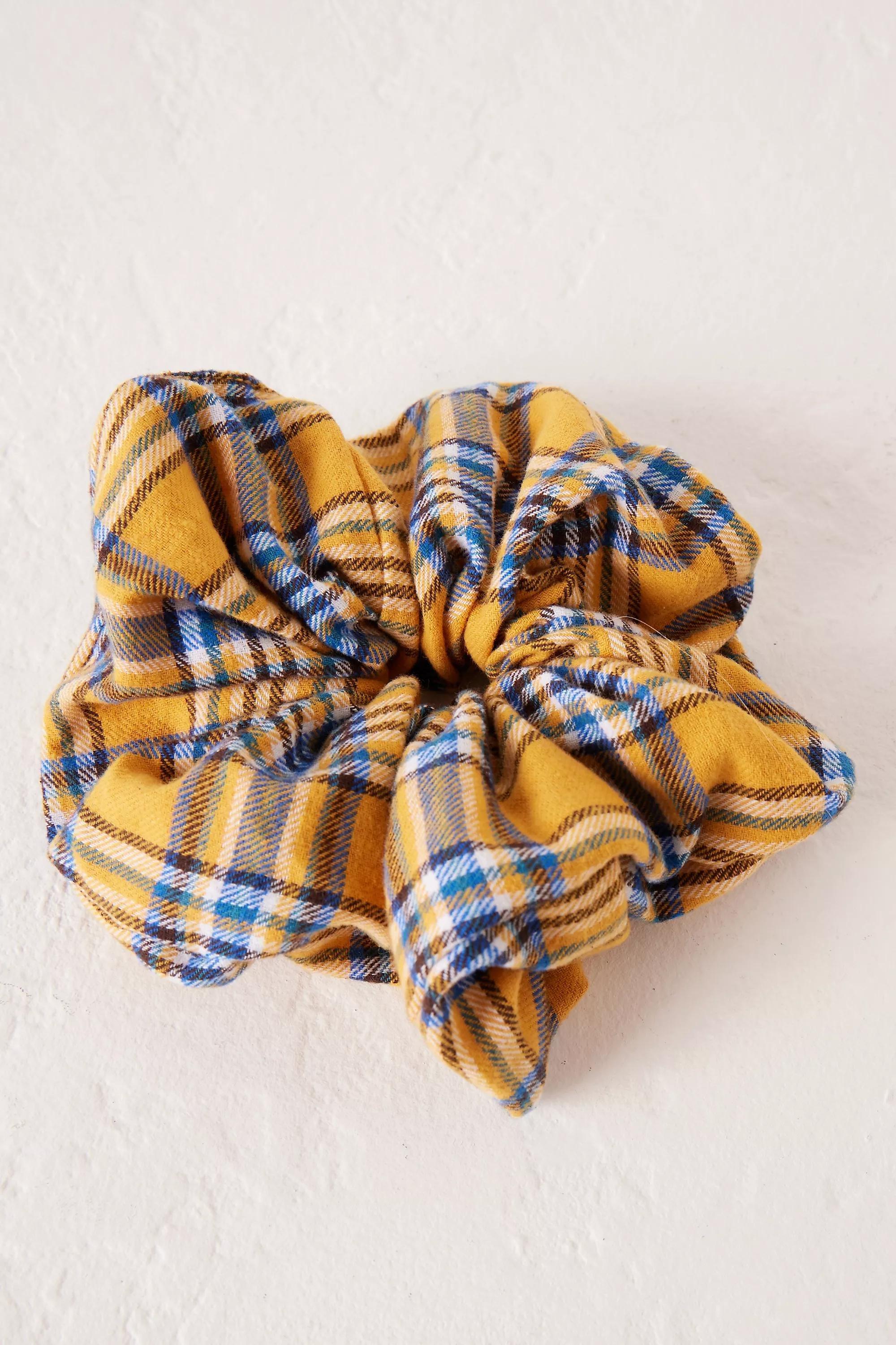 Large Tartan Hair Scrunchie, Yellow, A501_0072, large image number 0