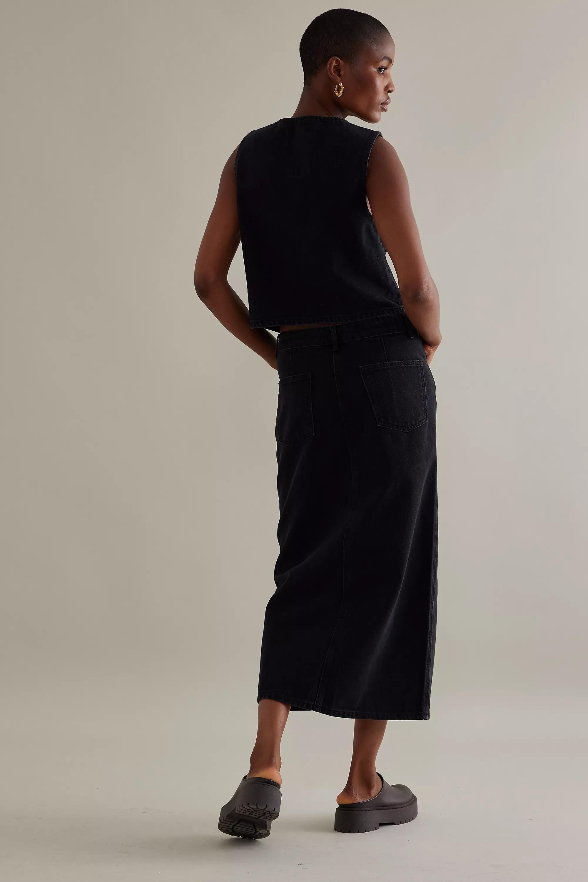 High-Waisted Front Slit Denim Midi Skirt, Black, , large image number 1