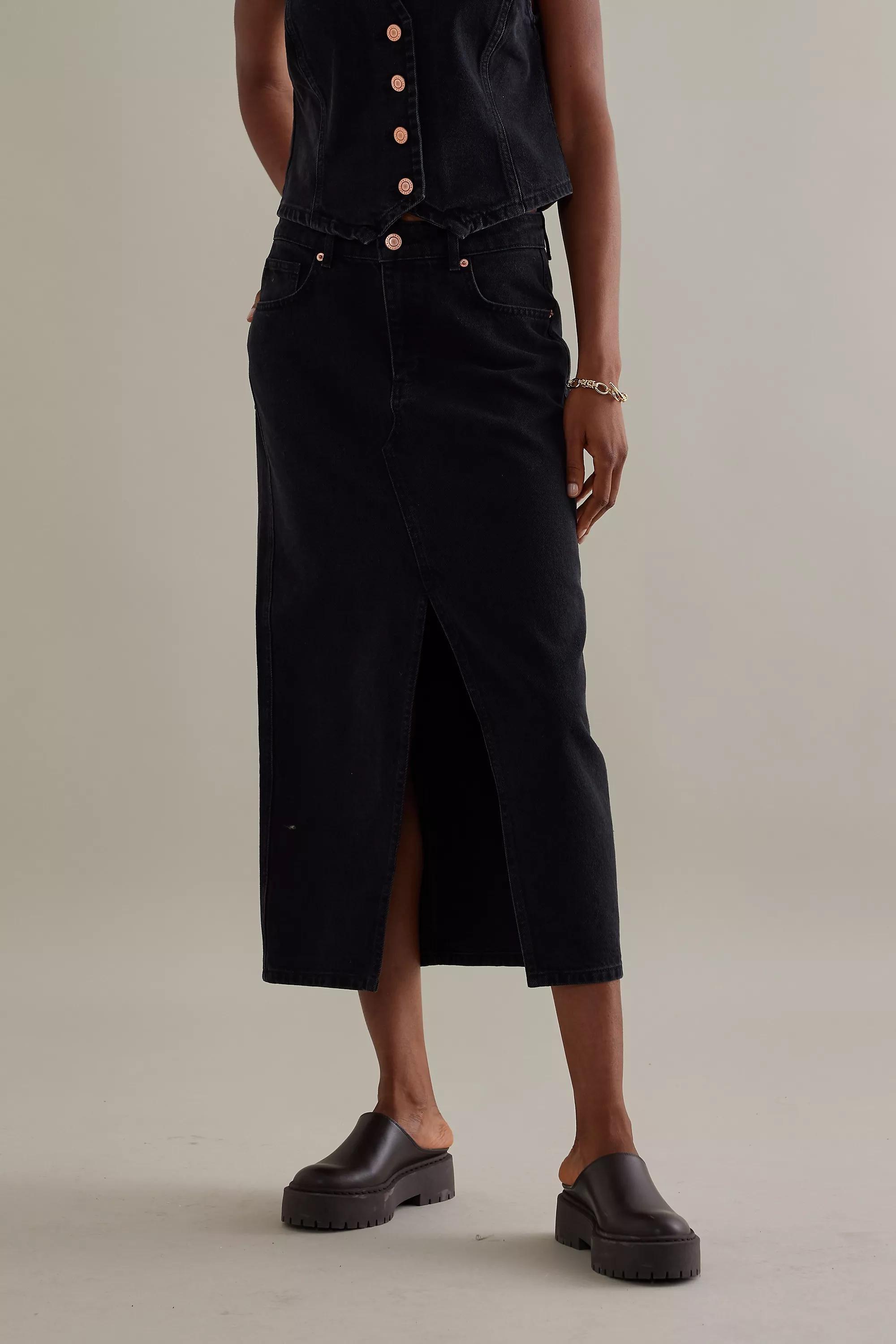 High-Waisted Front Slit Denim Midi Skirt, Black, , large image number 2