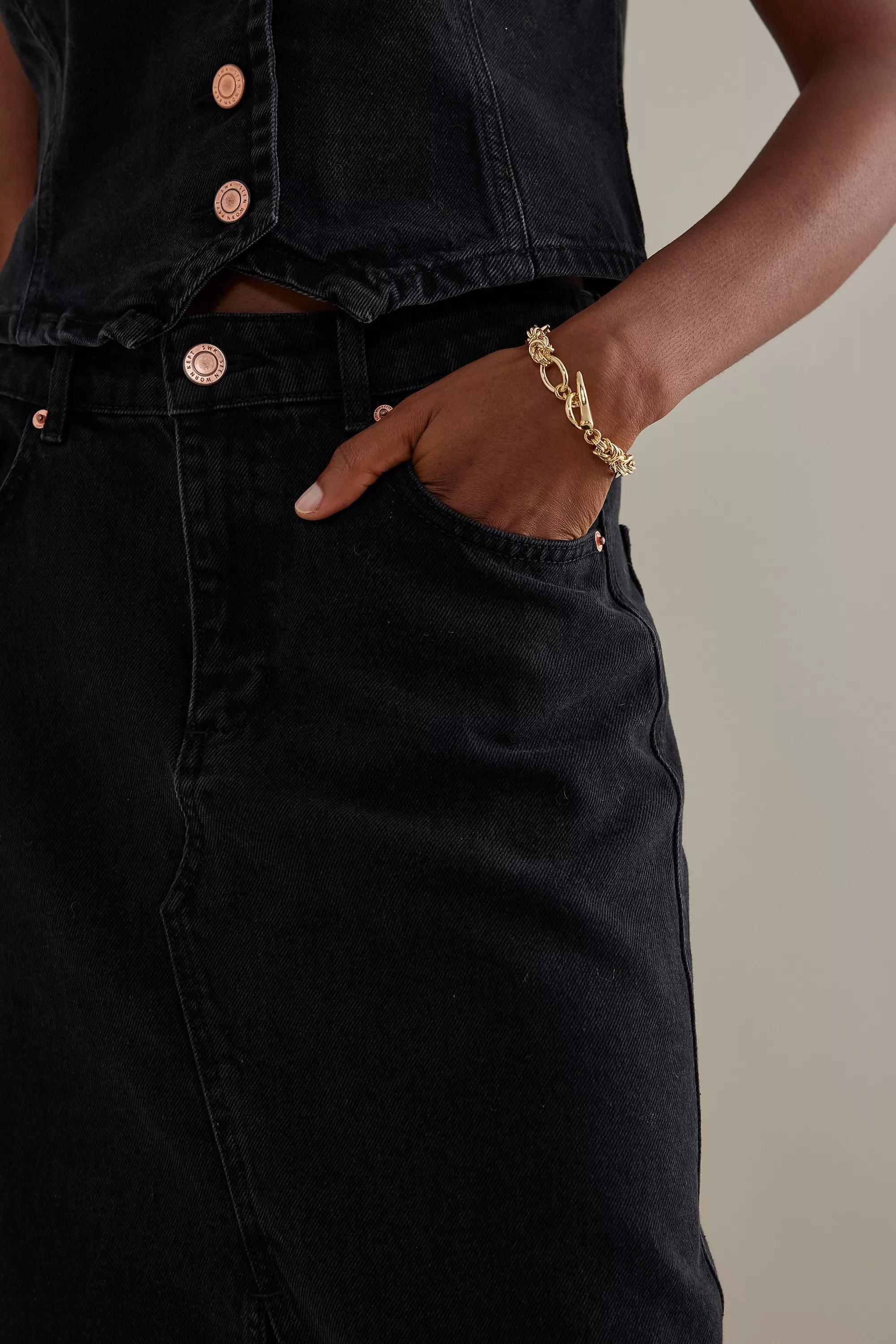High-Waisted Front Slit Denim Midi Skirt, Black, , large image number 3