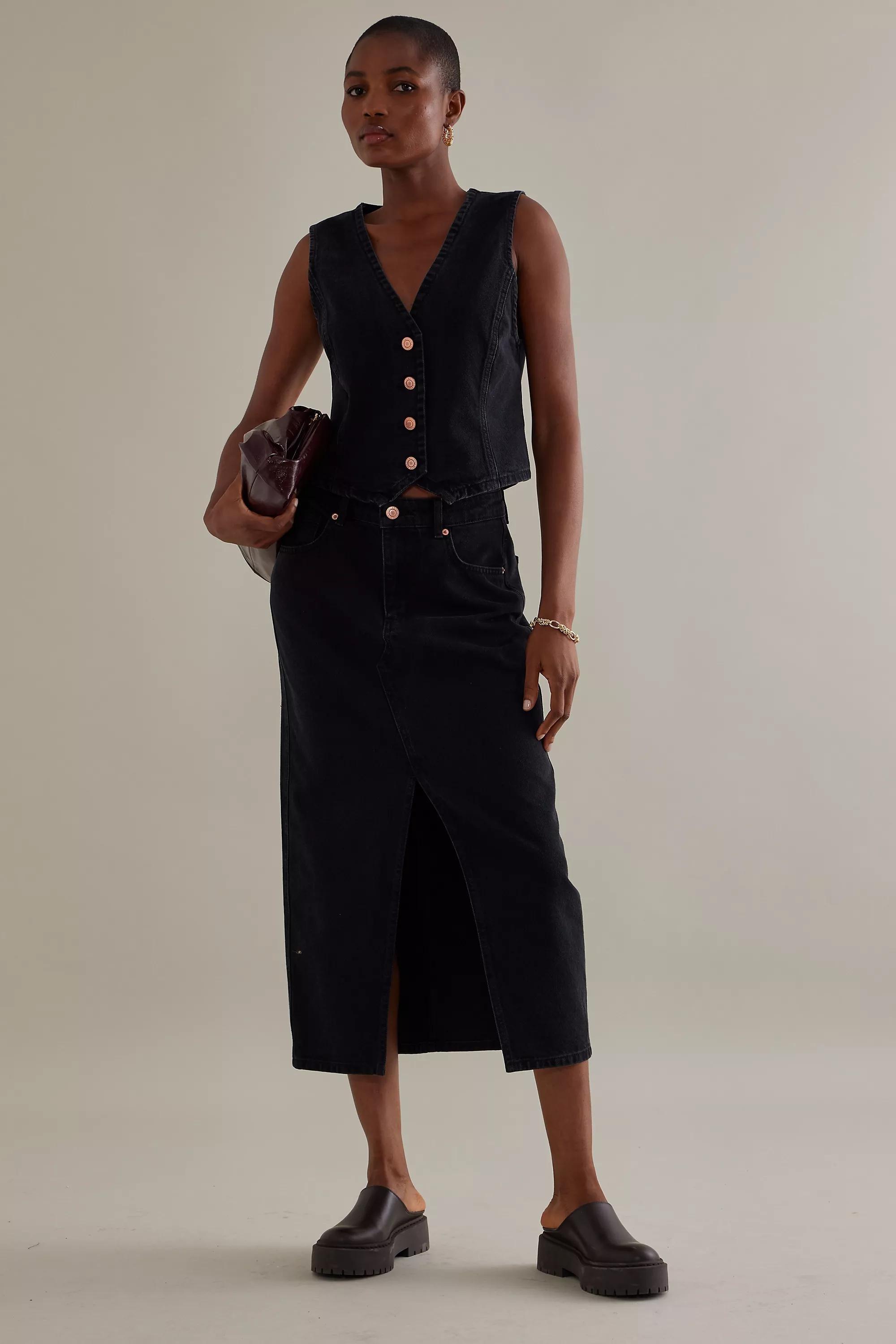 High-Waisted Front Slit Denim Midi Skirt, Black, , large image number 5