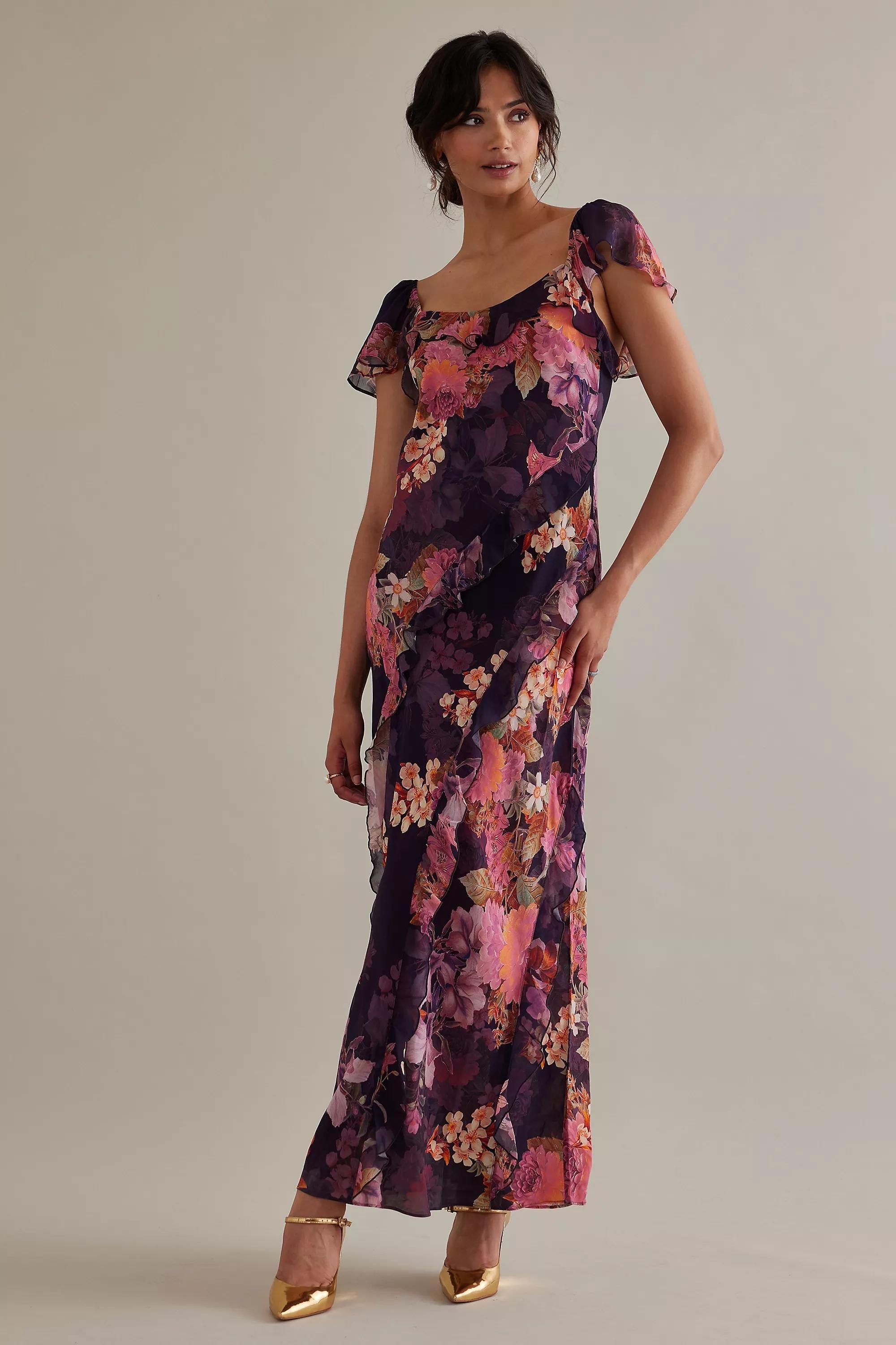 Motif Kachel Lulu Flutter-Sleeve Floral Maxi Slip Dress, Purple, , large image number 0