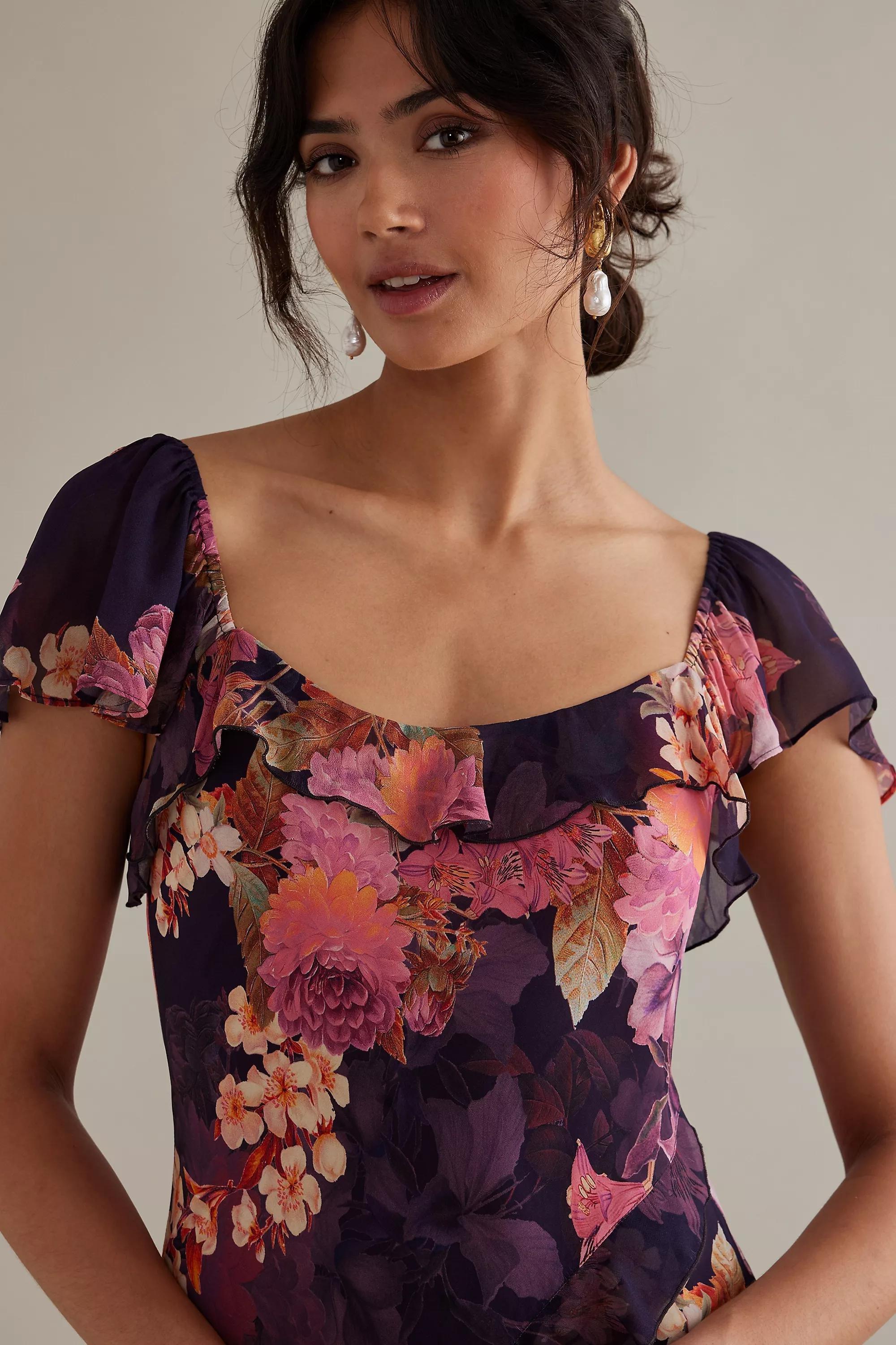 Motif Kachel Lulu Flutter-Sleeve Floral Maxi Slip Dress, Purple, , large image number 1