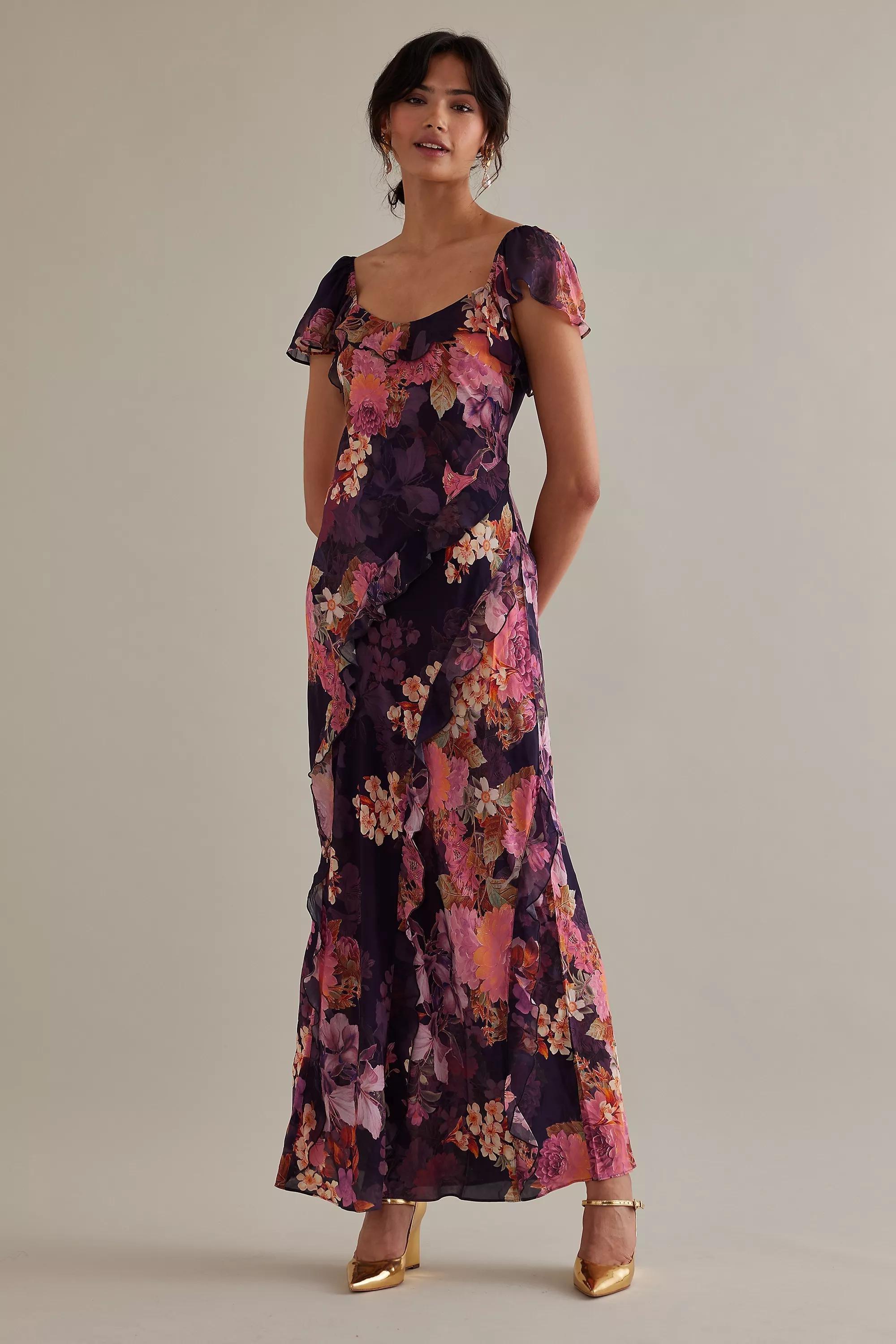 Motif Kachel Lulu Flutter-Sleeve Floral Maxi Slip Dress, Purple, , large image number 2