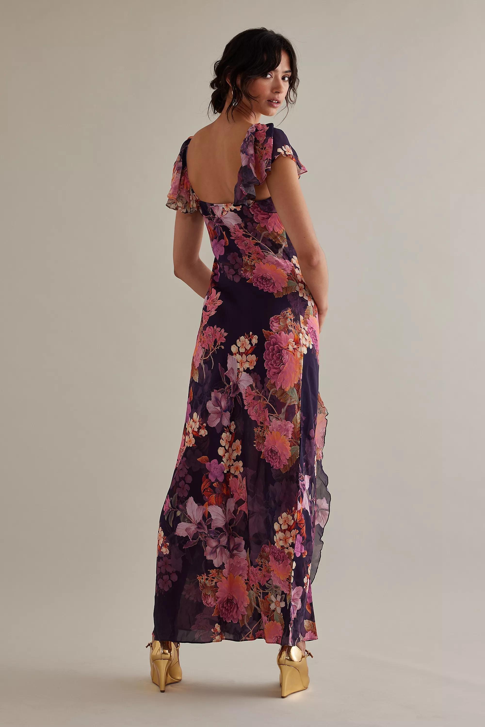 Motif Kachel Lulu Flutter-Sleeve Floral Maxi Slip Dress, Purple, , large image number 4