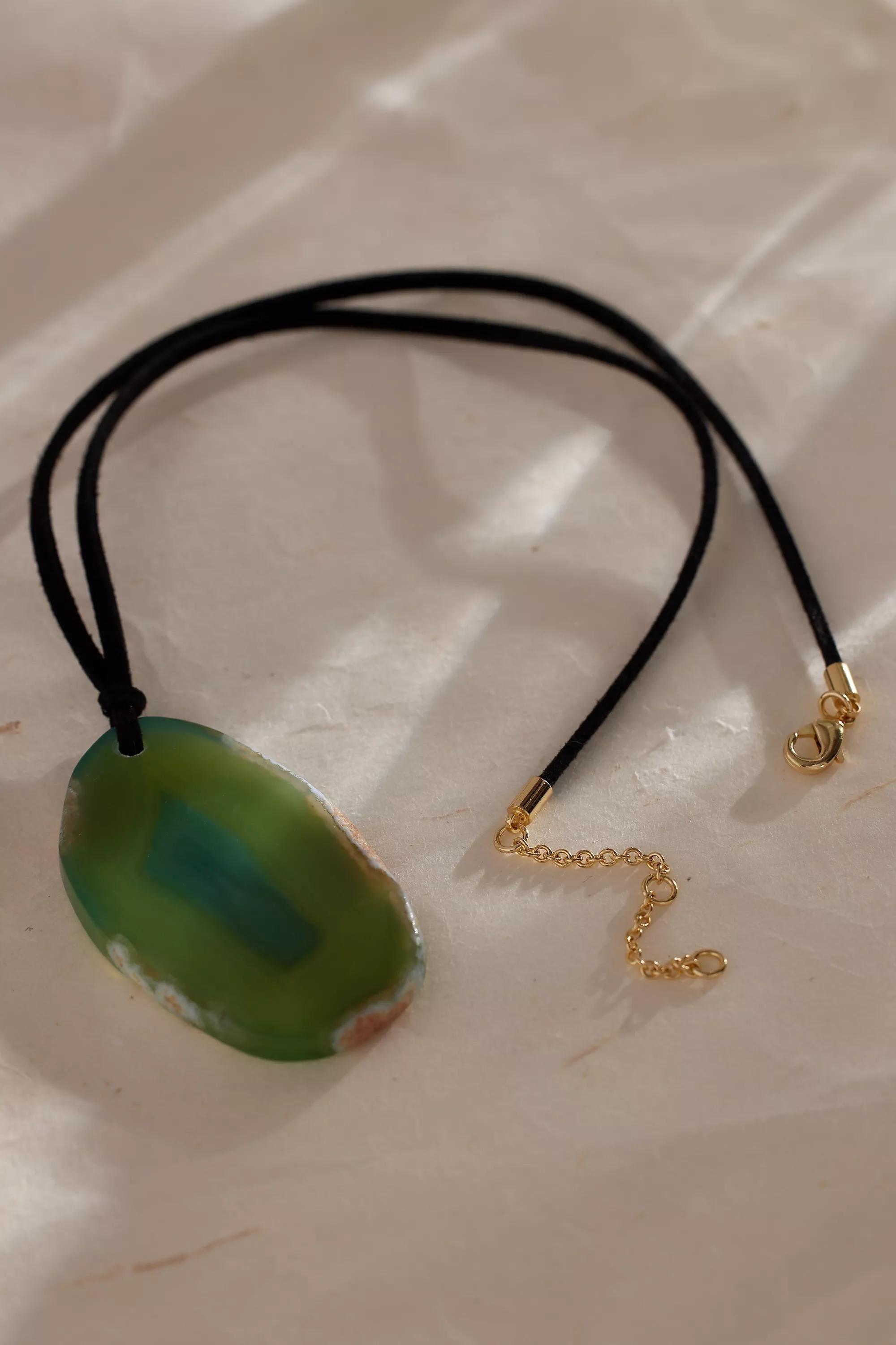 Agate Stone Pendant Cord Necklace, Green, A501_0030, large image number 1