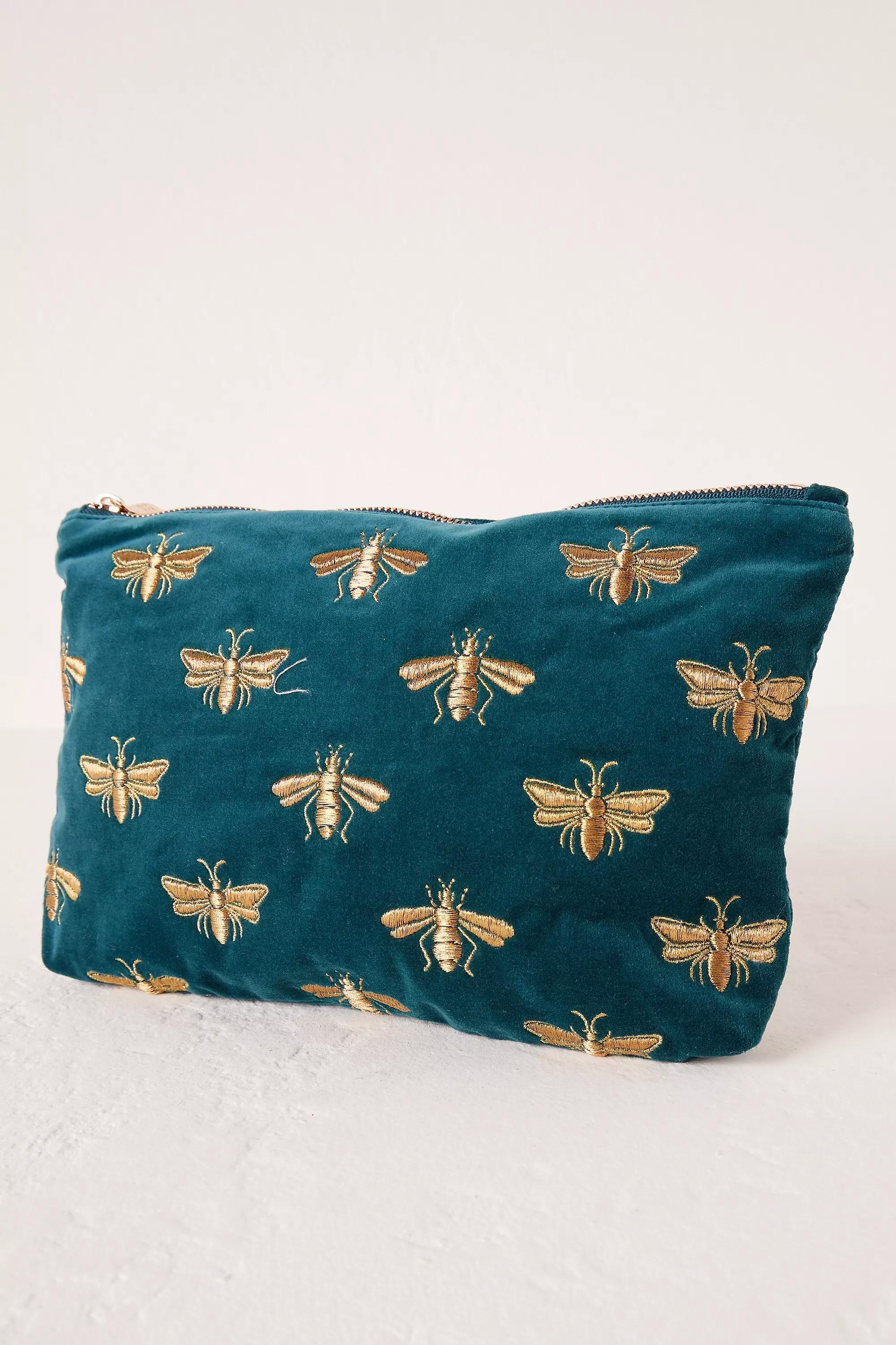 BLUE Elizabeth Scarlett Bee Embroidered Velvet Makeup Bag, , large image number 0