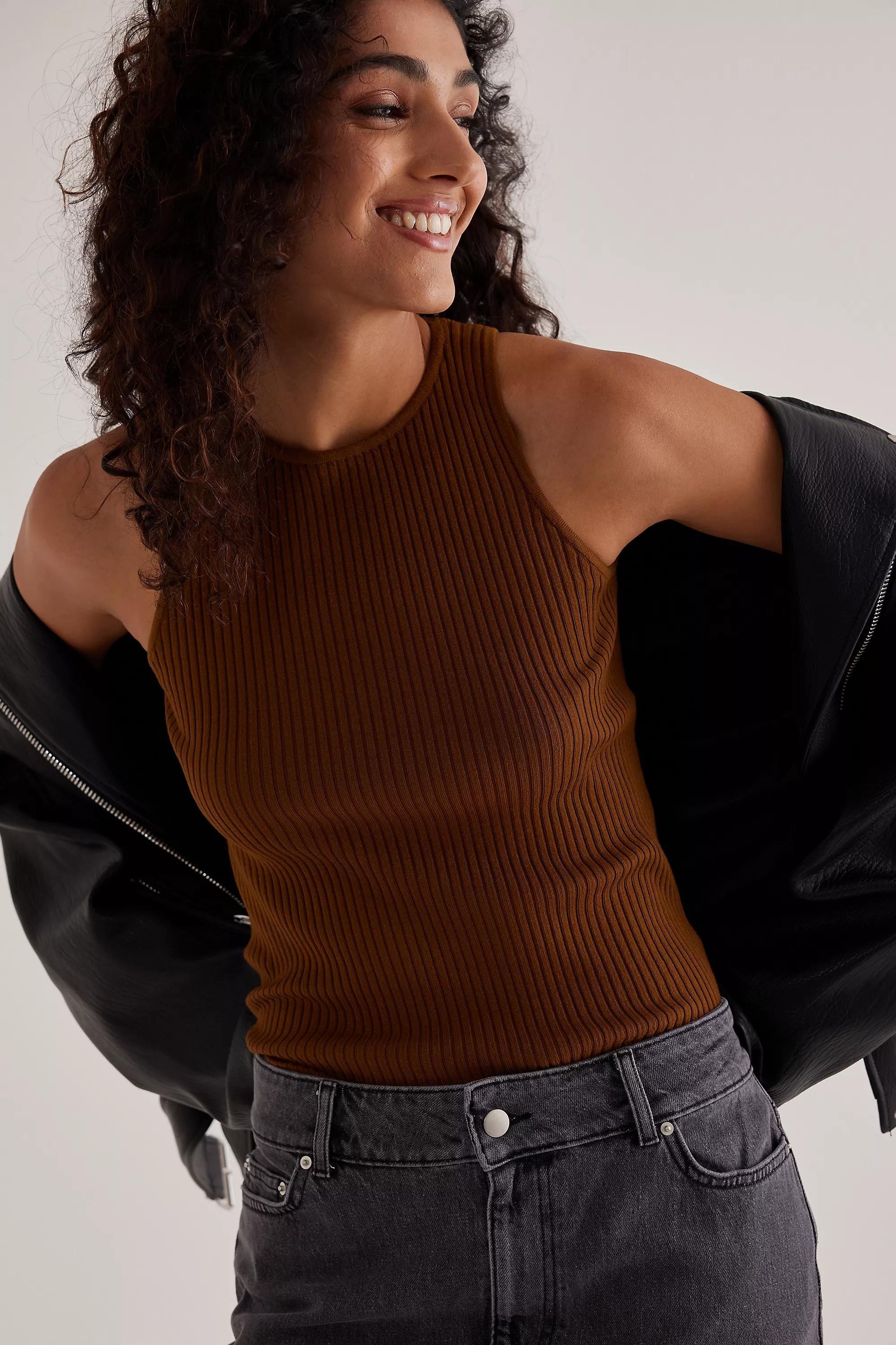 Sleeveless Rib Knit Vest Top, Bronze, A501_0027, large image number 0