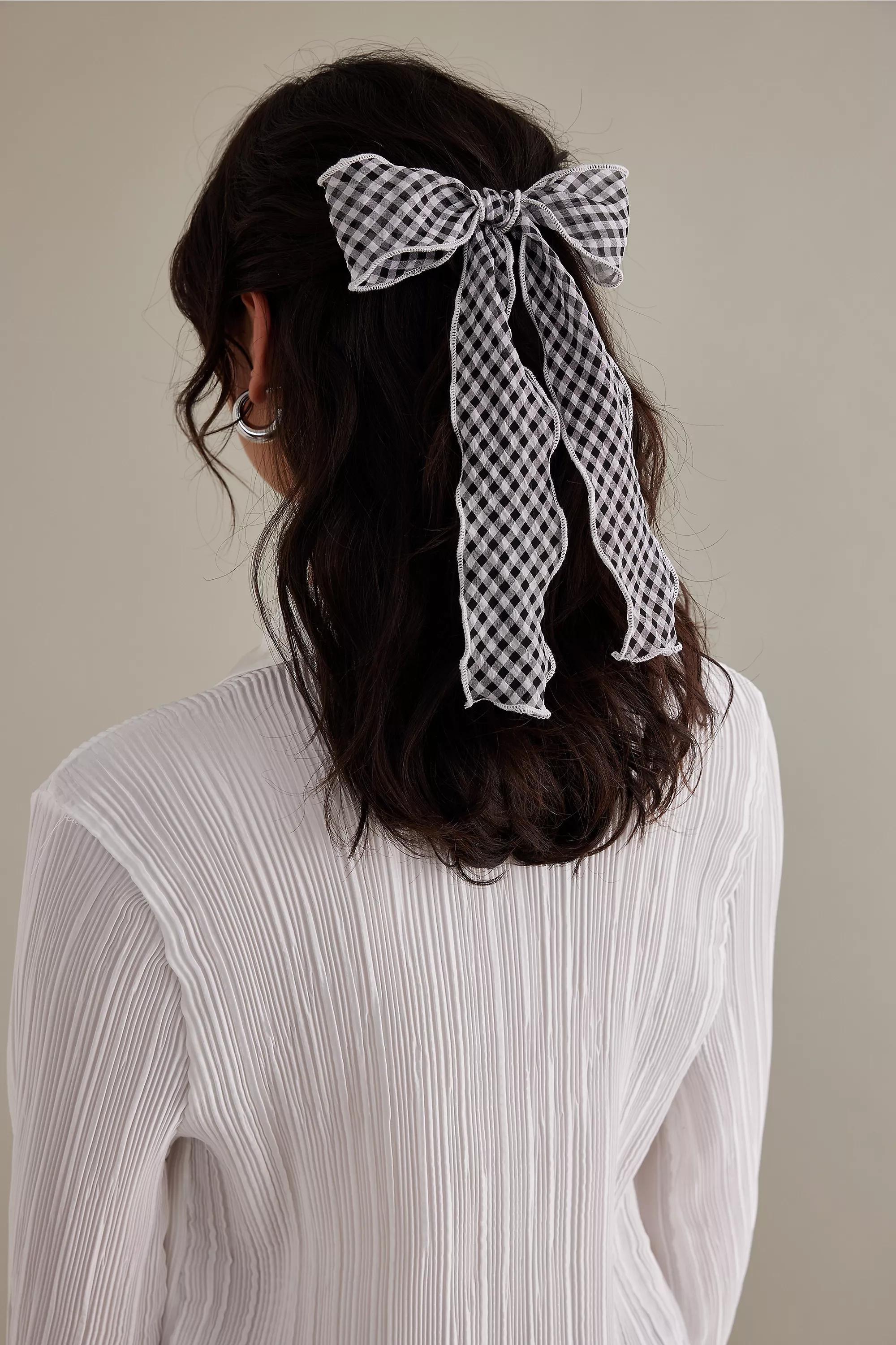 & White Mesh Gingham Bow Hair Clip, Black, A501_0018, large image number 0