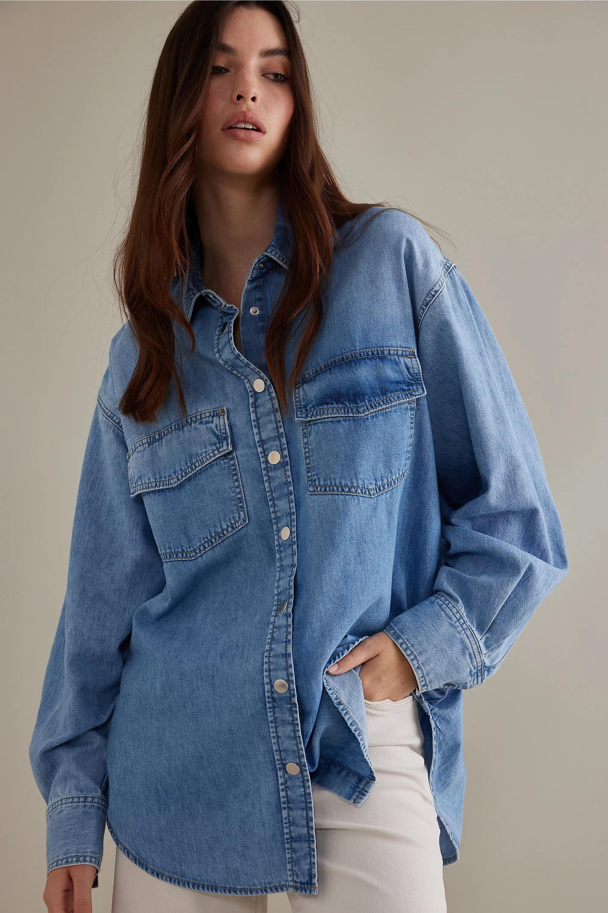 Stevie Long-Sleeve Denim Shirt, Blue, , large image number 7