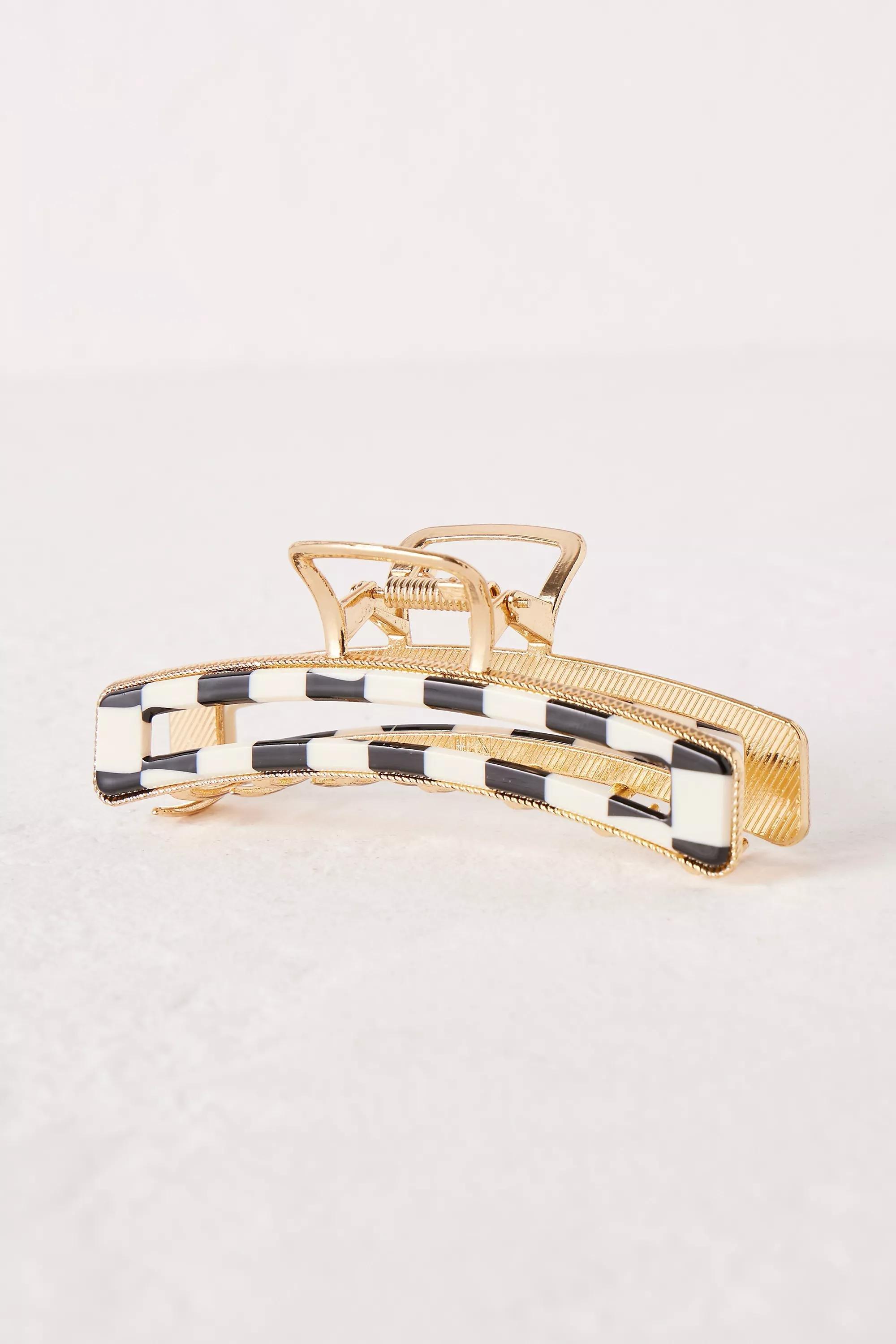 Check Metal Hair Claw Clip, Black & White, A501_0018, large image number 1