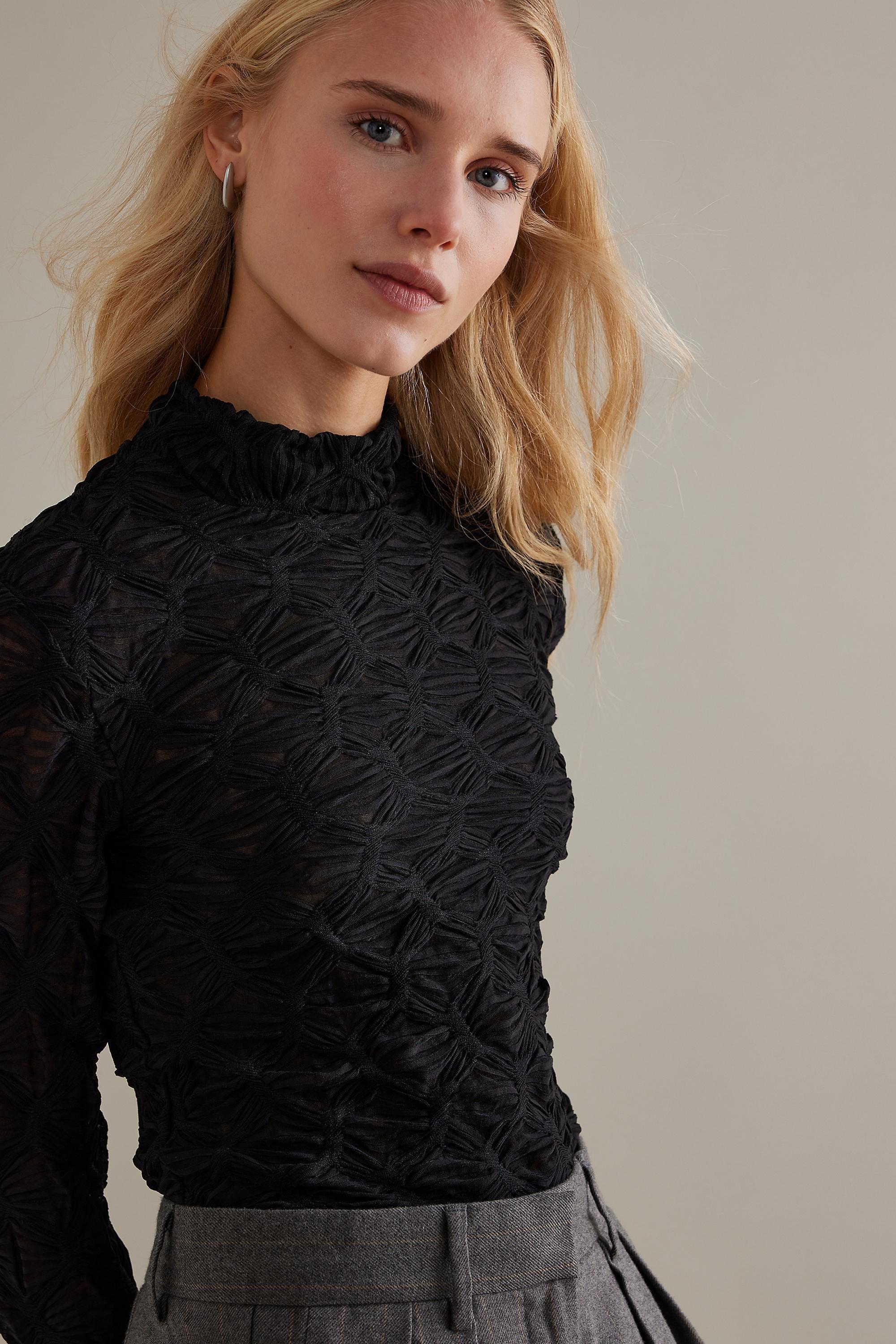Talia Textured Mock-Neck Long-Sleeve Top, Black, , large image number 3