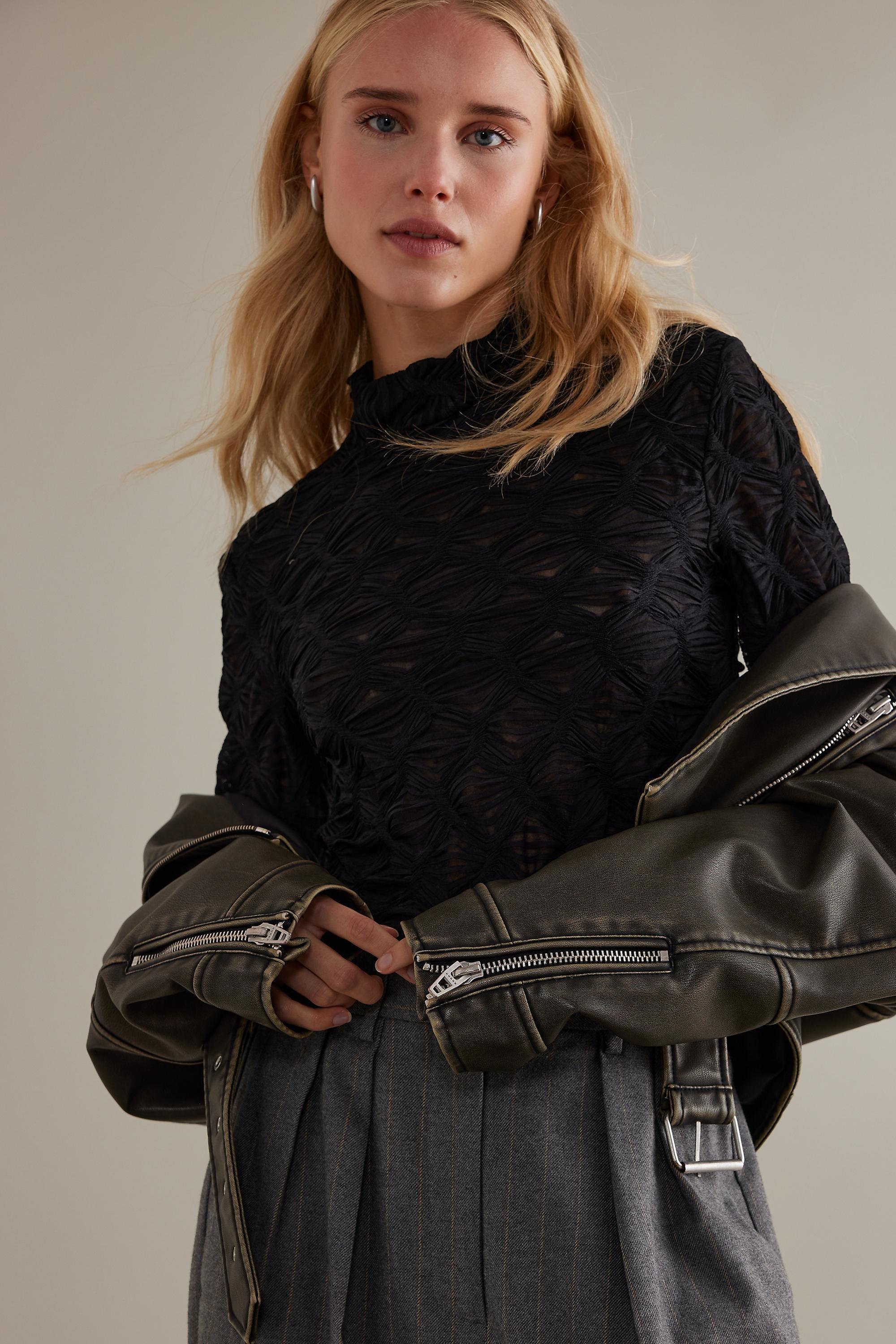 Talia Textured Mock-Neck Long-Sleeve Top, Black, , large image number 4