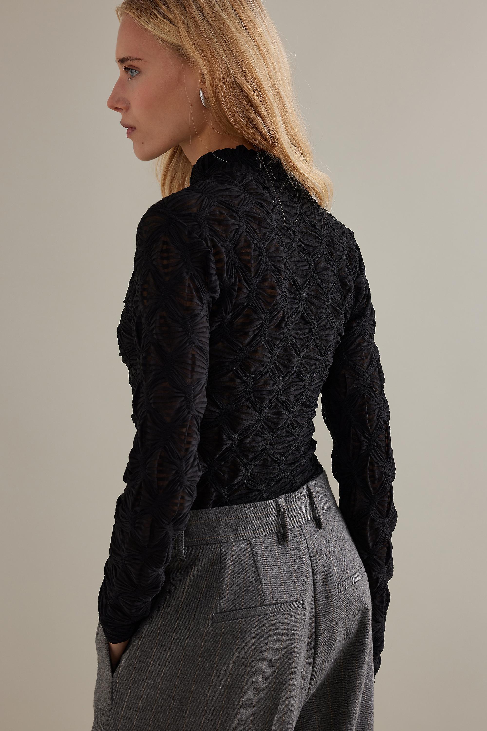 Textured Mock-Neck Long-Sleeve Top, Black, A501_0001, large image number 5