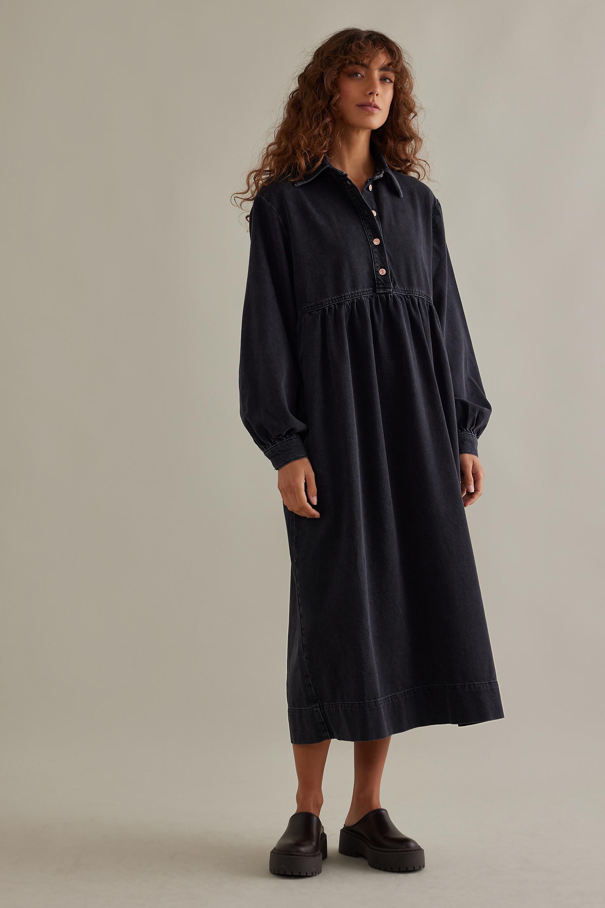Seen Worn Kept Slouchy Long-Sleeve Denim Midi Dress, Black, , large image number 0
