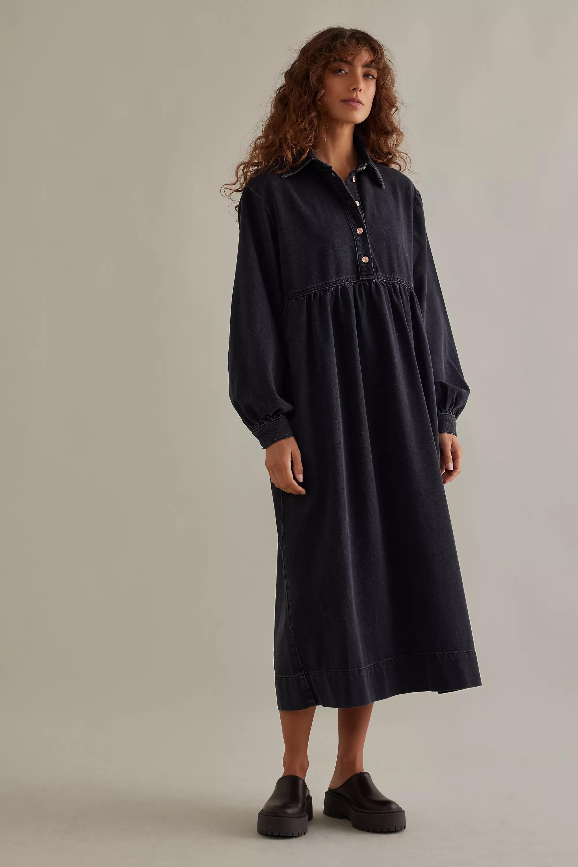 Seen Worn Kept Slouchy Long-Sleeve Denim Midi Dress, Black, , large image number 0