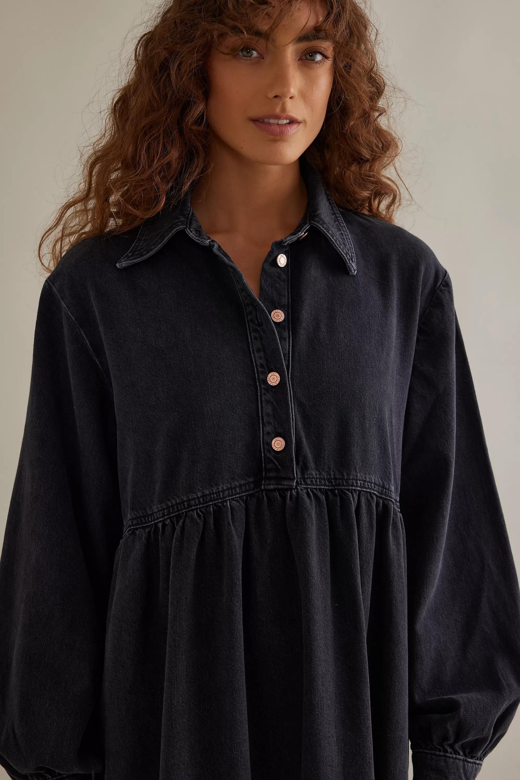 Seen Worn Kept Slouchy Long-Sleeve Denim Midi Dress, Black, , large image number 1