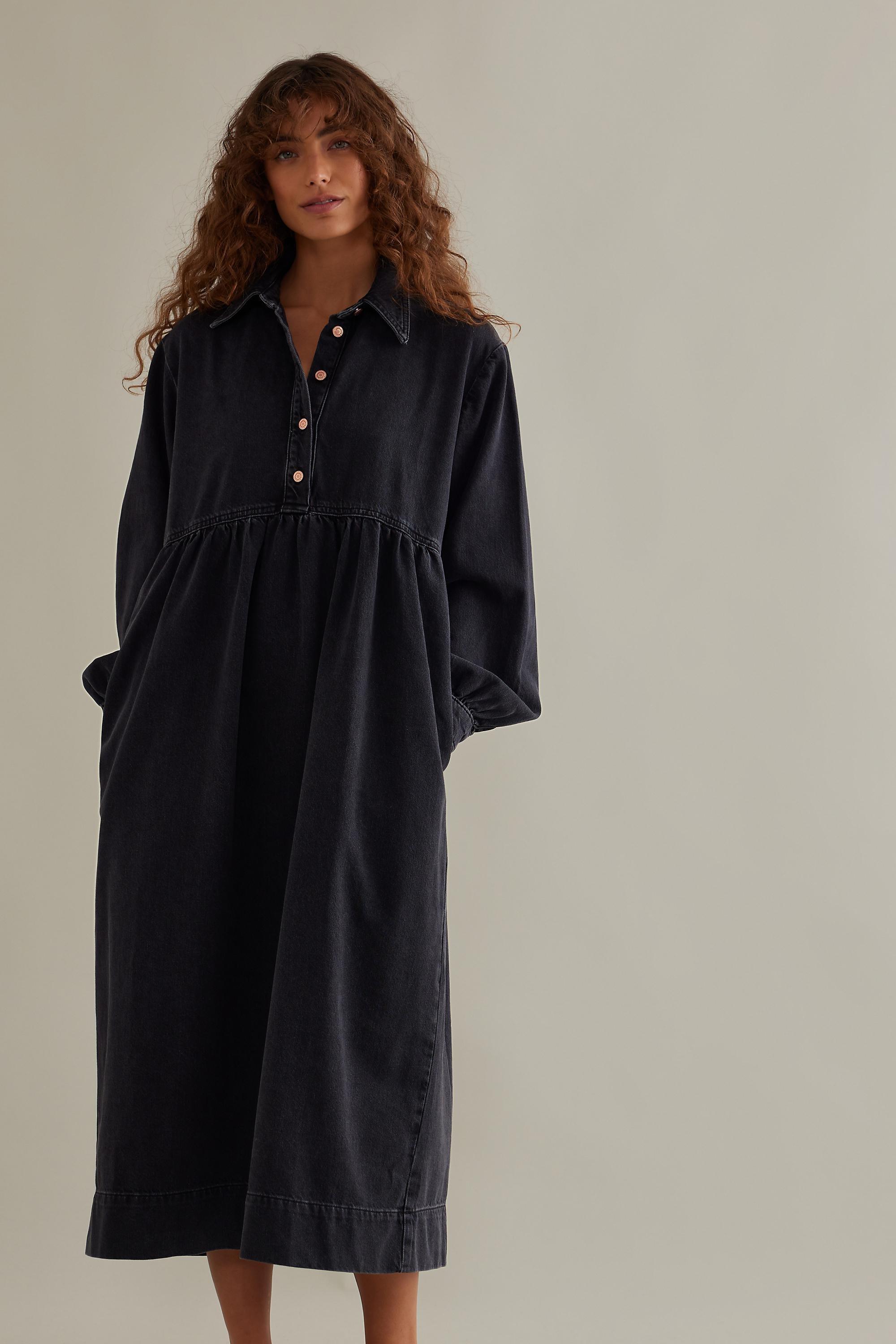 Seen Worn Kept Slouchy Long-Sleeve Denim Midi Dress, Black, , large image number 2