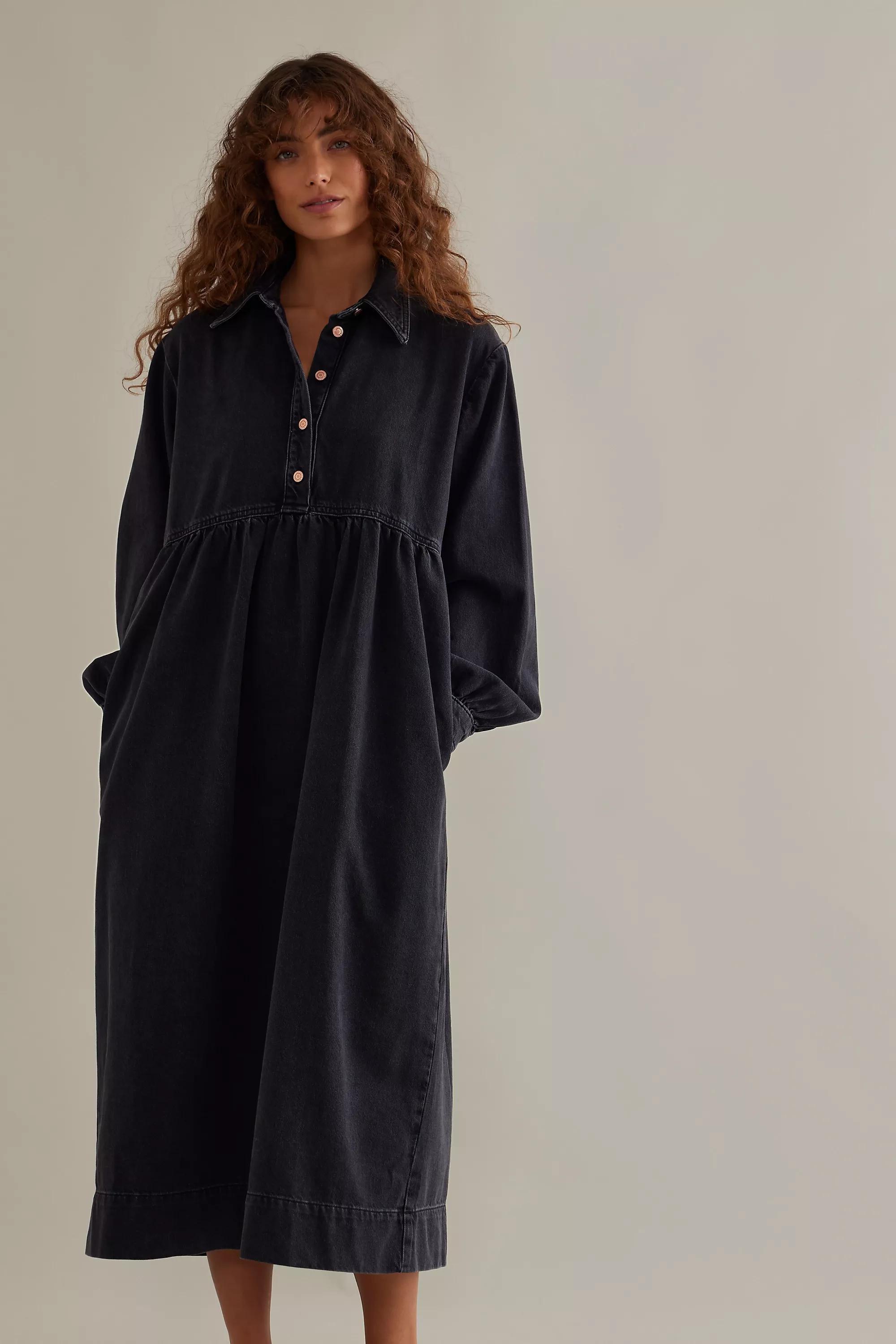 Seen Worn Kept Slouchy Long-Sleeve Denim Midi Dress, Black, , large image number 2