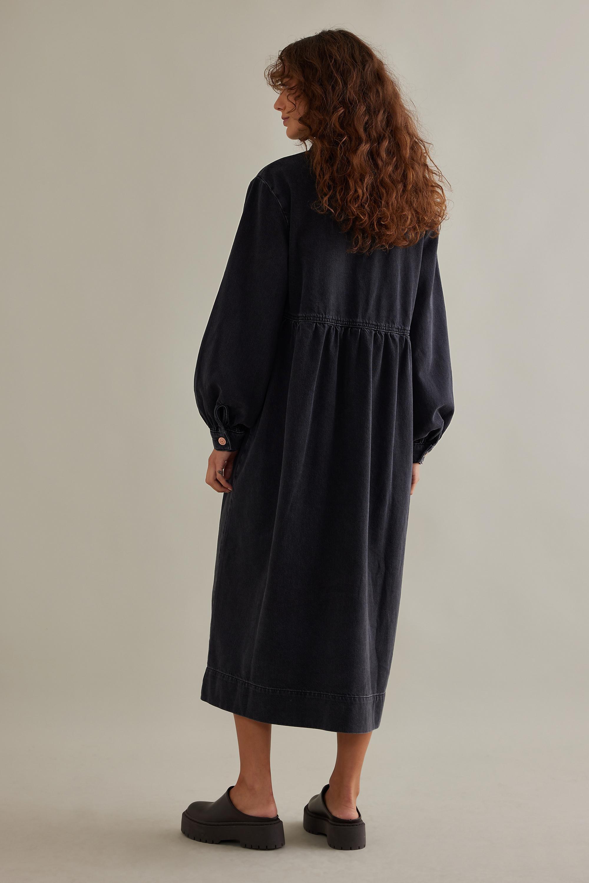 Seen Worn Kept Slouchy Long-Sleeve Denim Midi Dress, Black, , large image number 4