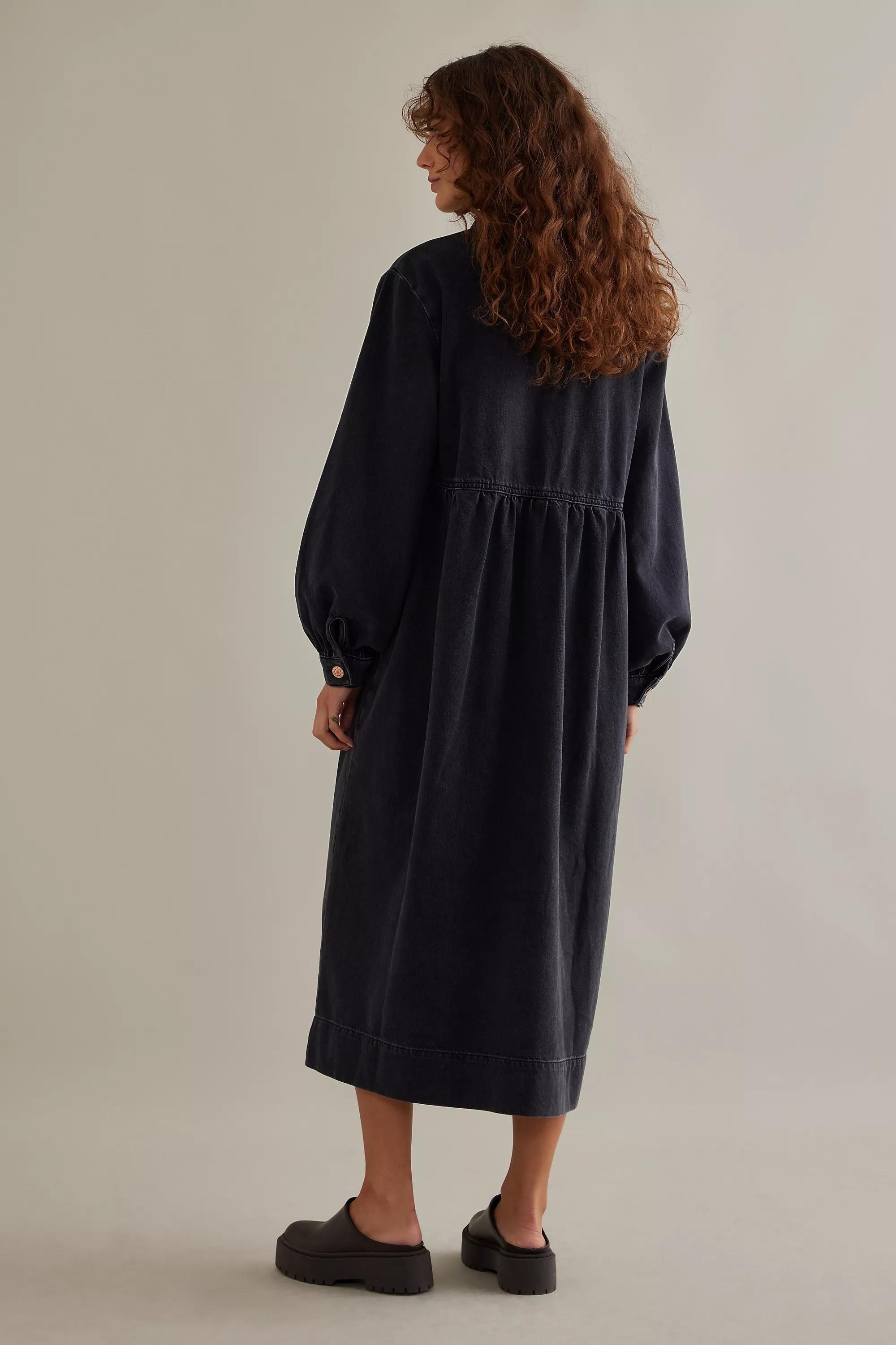 Seen Worn Kept Slouchy Long-Sleeve Denim Midi Dress, Black, , large image number 4