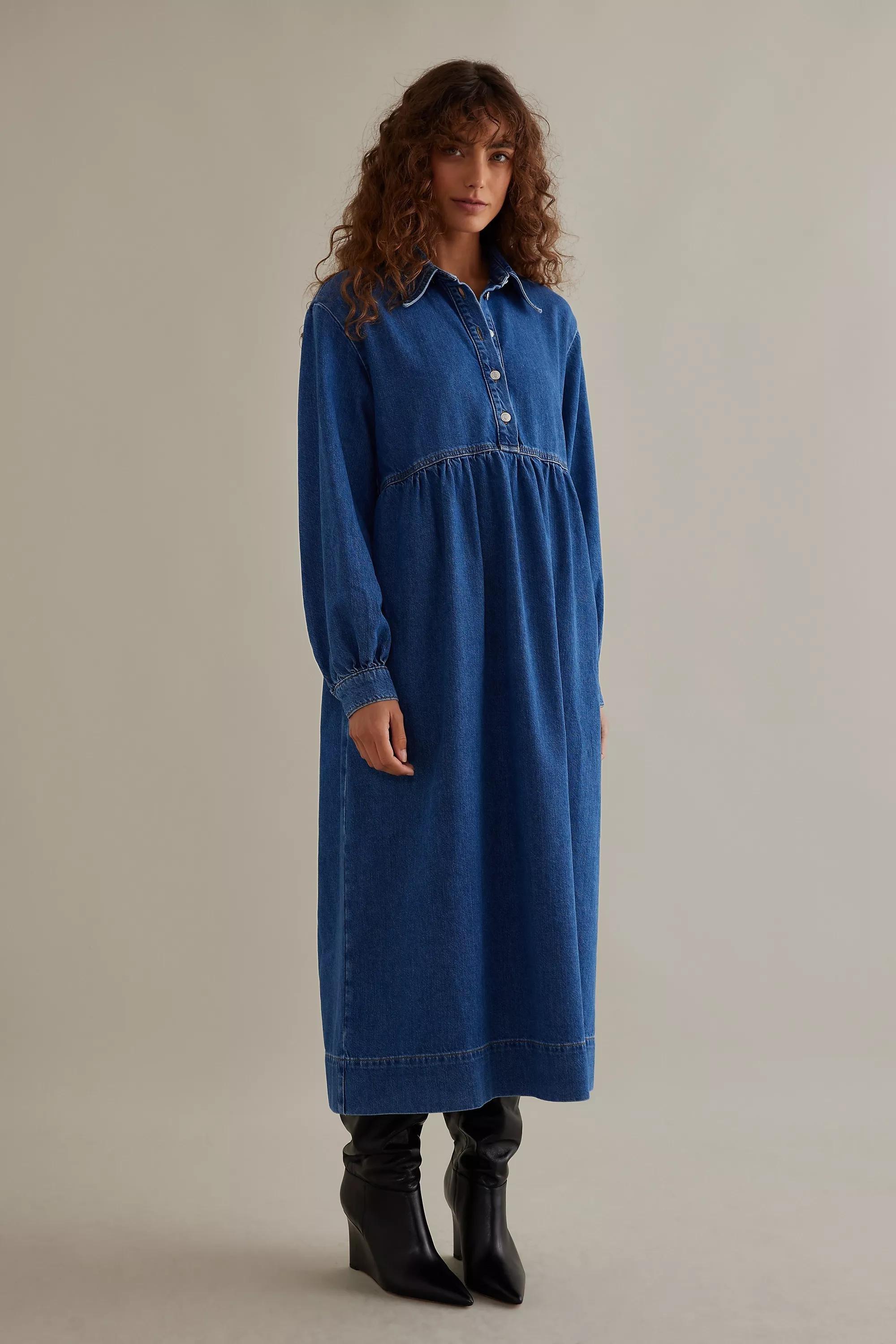 Seen Worn Kept Slouchy Long-Sleeve Denim Midi Dress, Blue, , medium