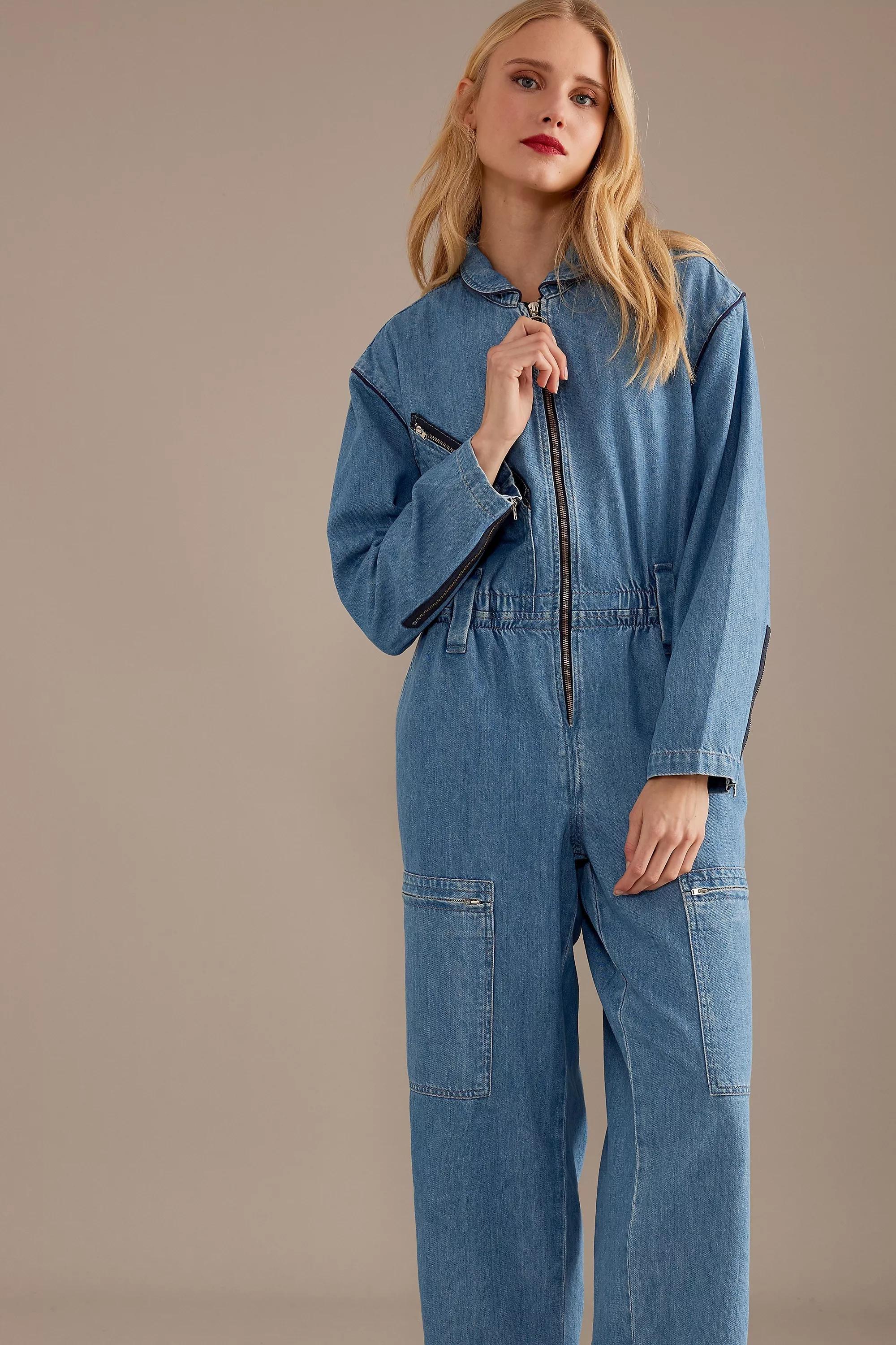 Seventy + Mochi Amelia Long-Sleeve Organic Denim Jumpsuit, Blue, , large image number 1