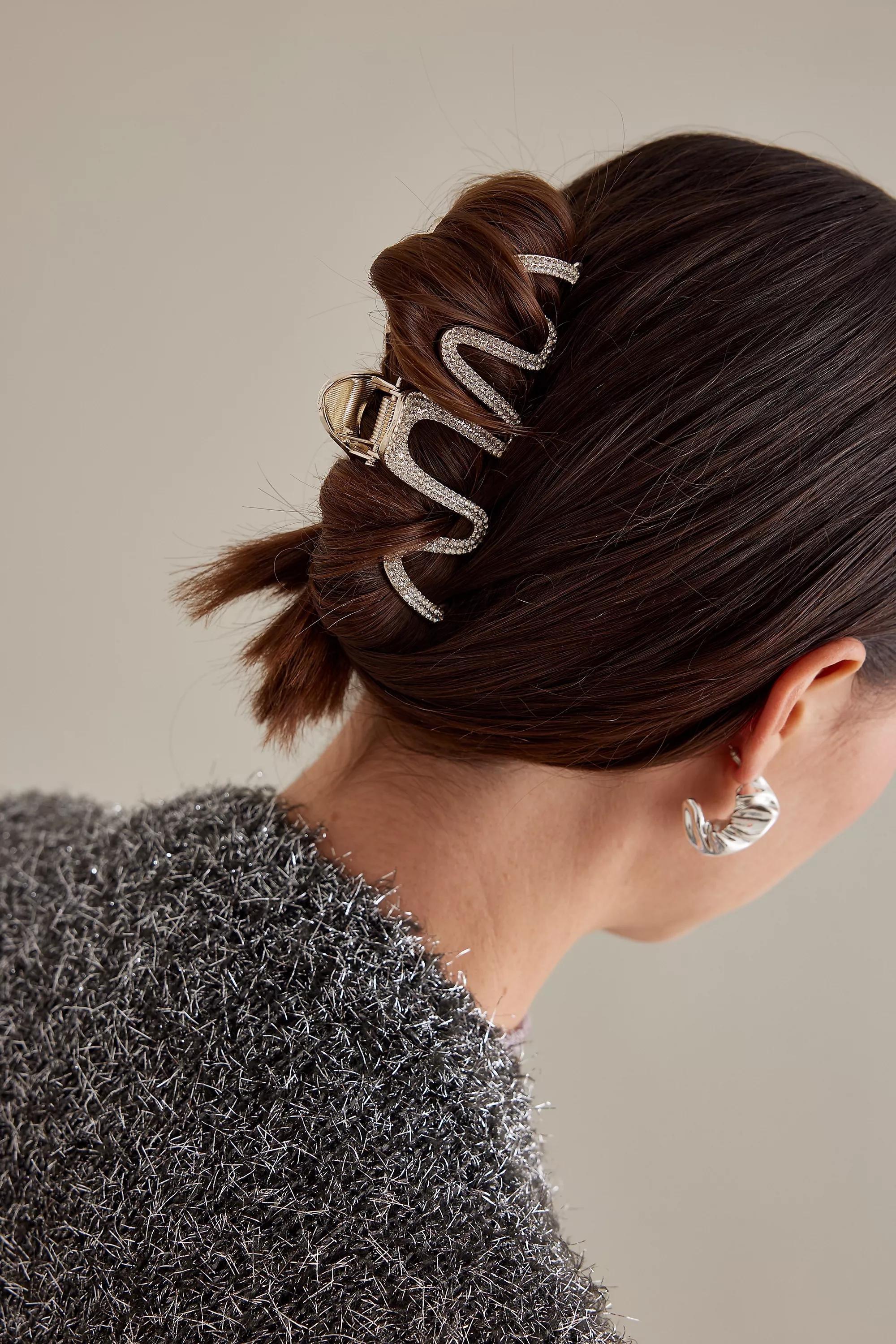 Pearl-Embellished Squiggle Metal Hair Claw Clip, Gold, A501_0070, large image number 2