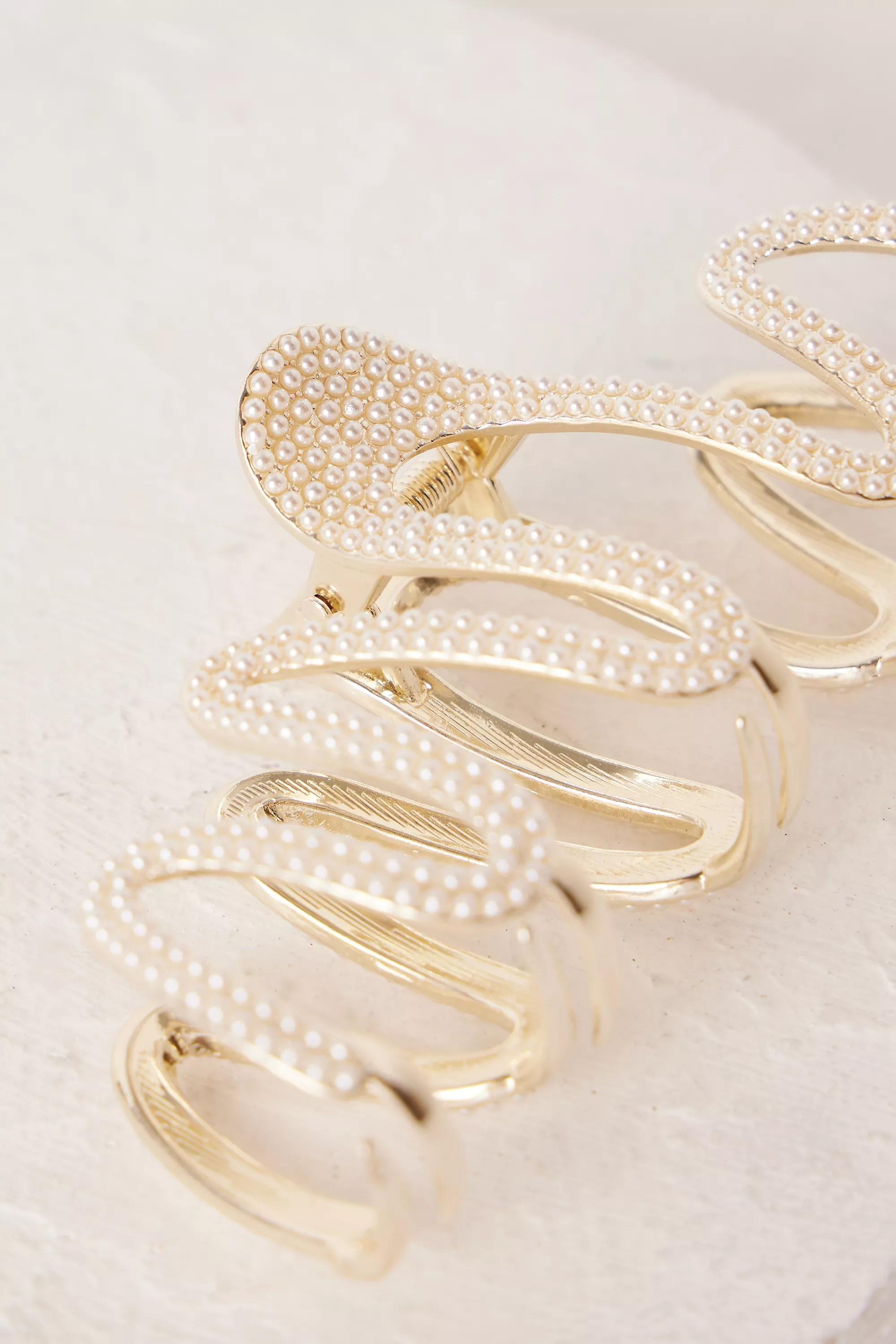 Pearl-Embellished Squiggle Metal Hair Claw Clip, Gold, A501_0070, large image number 4