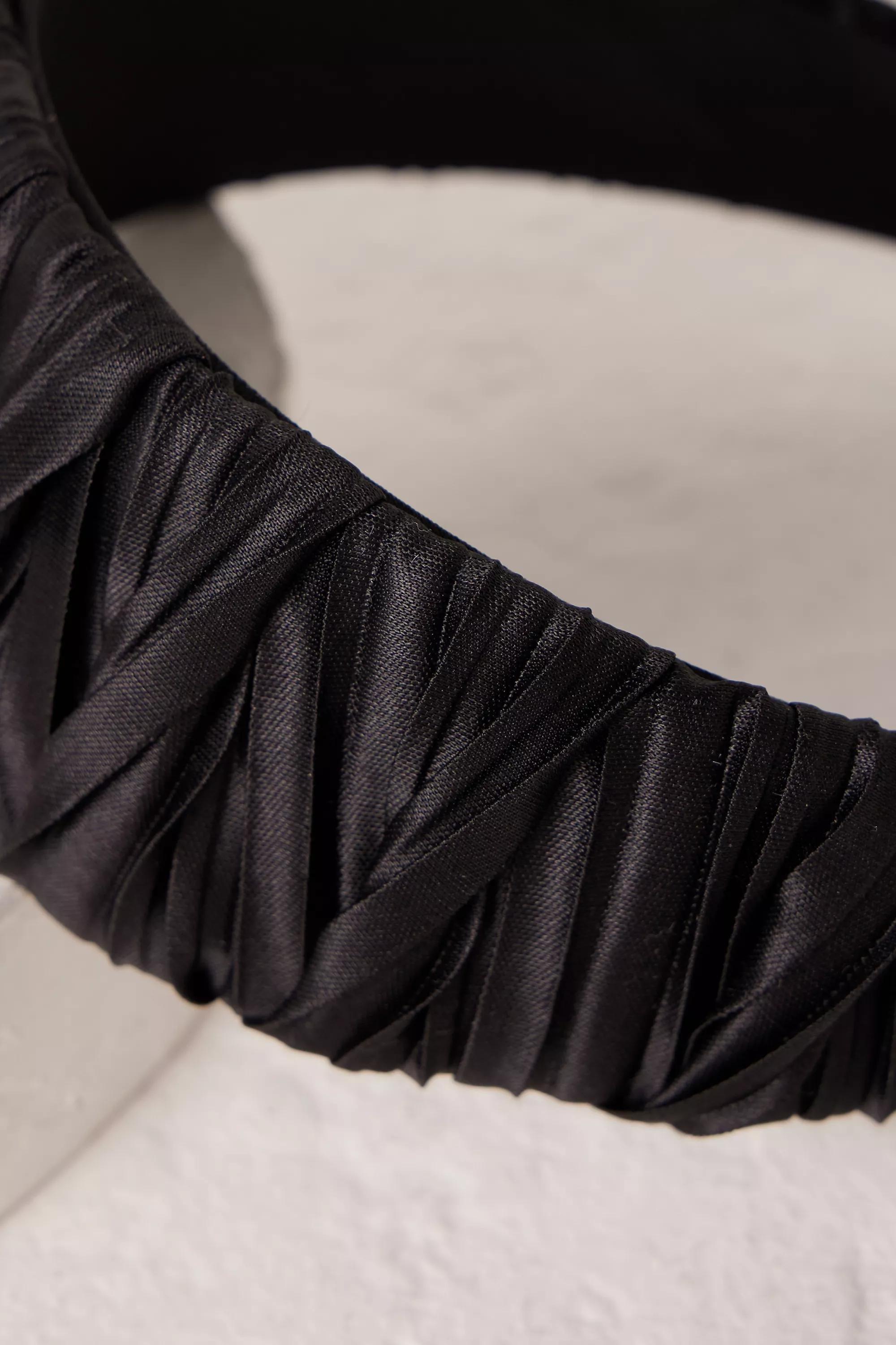 Thick Pleated Satin Headband, Black, A501_0001, large image number 2
